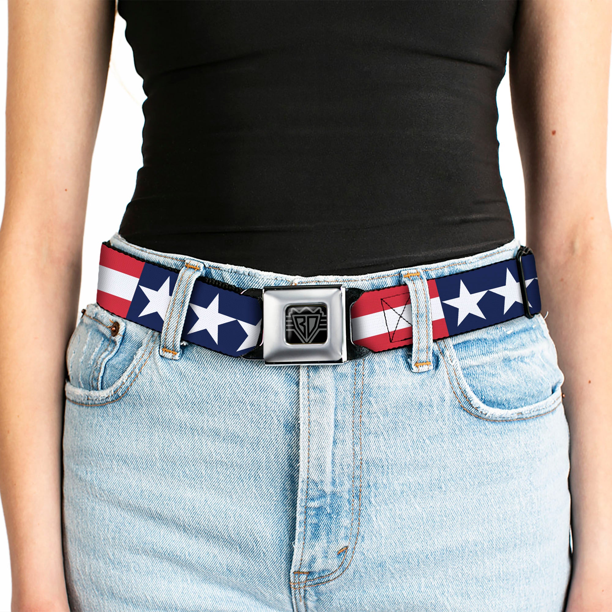 BD Wings Logo CLOSE-UP Full Color Black Silver Seatbelt Belt - Americana Stars & Stripes Webbing Seatbelt Belts Buckle-Down