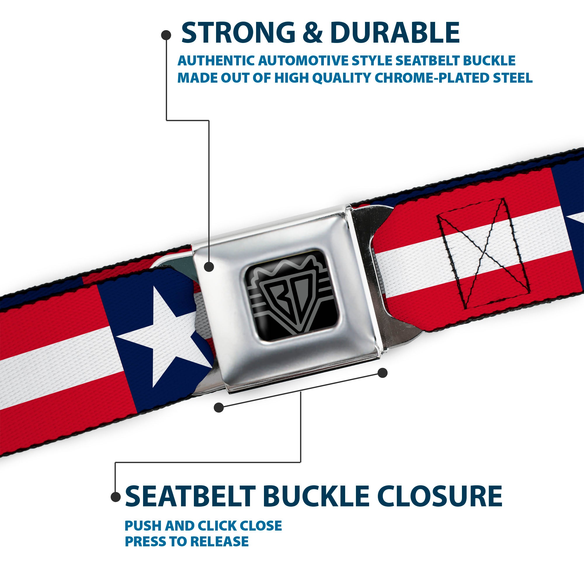 BD Wings Logo CLOSE-UP Full Color Black Silver Seatbelt Belt - Americana Stars & Stripes Webbing Seatbelt Belts Buckle-Down