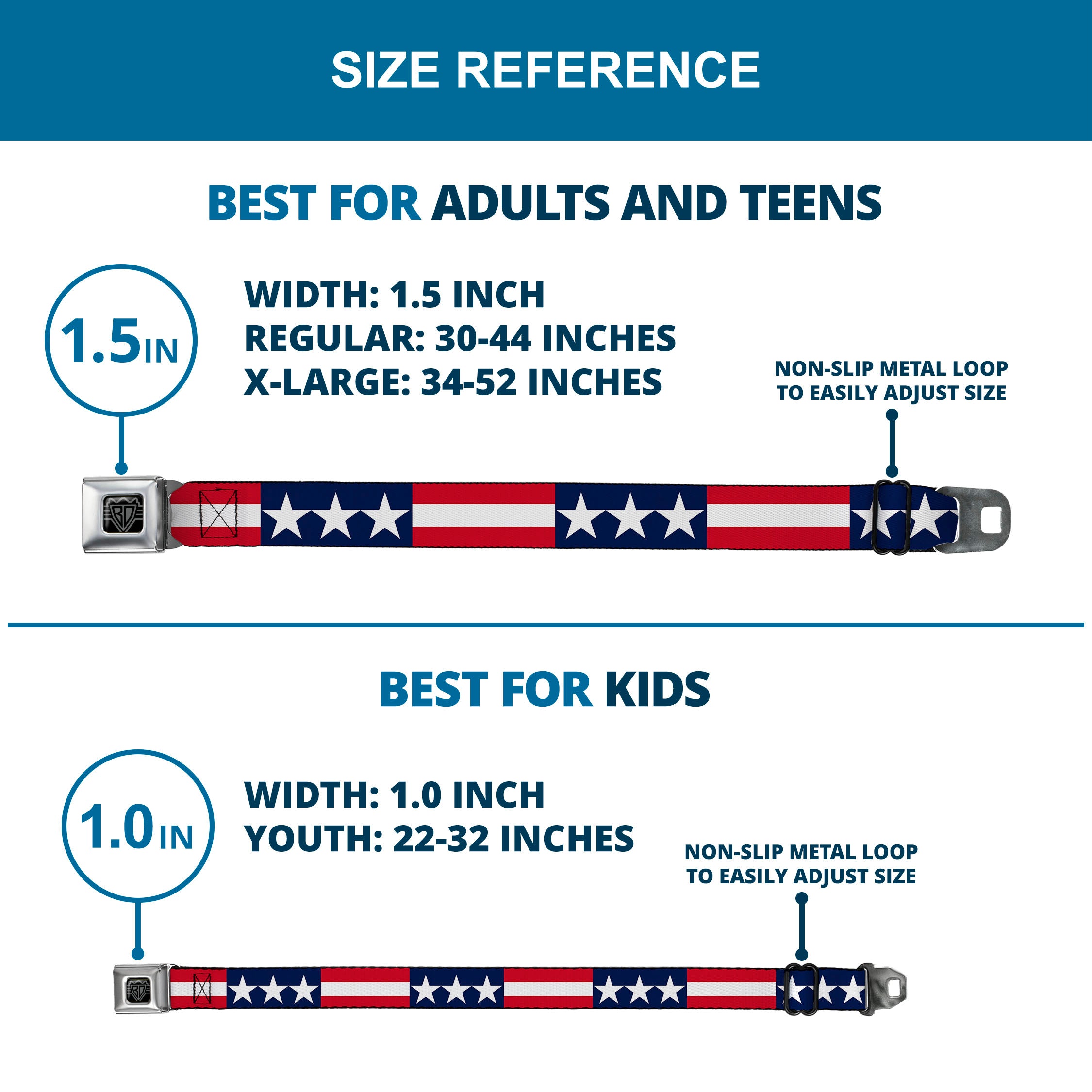 BD Wings Logo CLOSE-UP Full Color Black Silver Seatbelt Belt - Americana Stars & Stripes Webbing Seatbelt Belts Buckle-Down