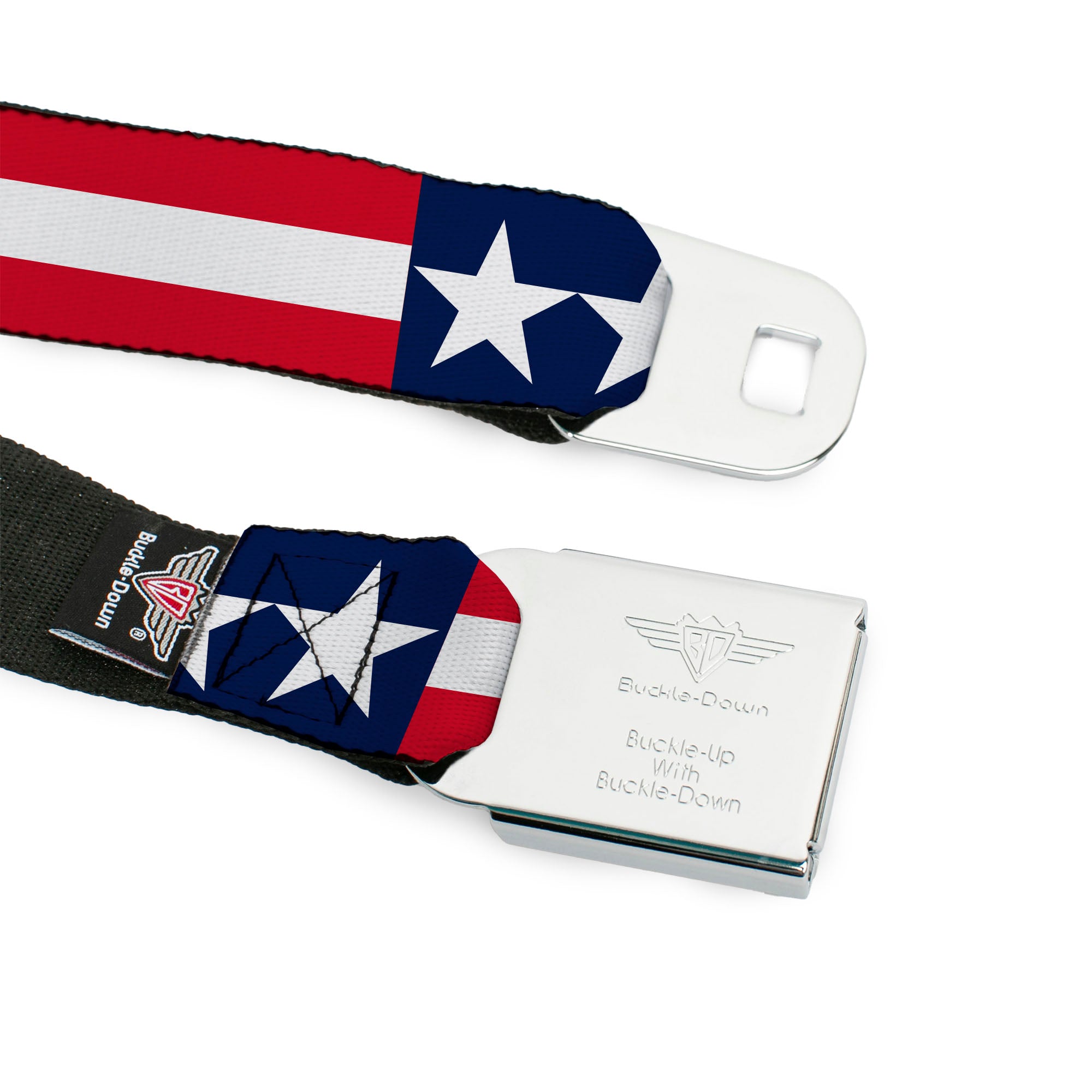 BD Wings Logo CLOSE-UP Full Color Black Silver Seatbelt Belt - Americana Stars & Stripes Webbing Seatbelt Belts Buckle-Down