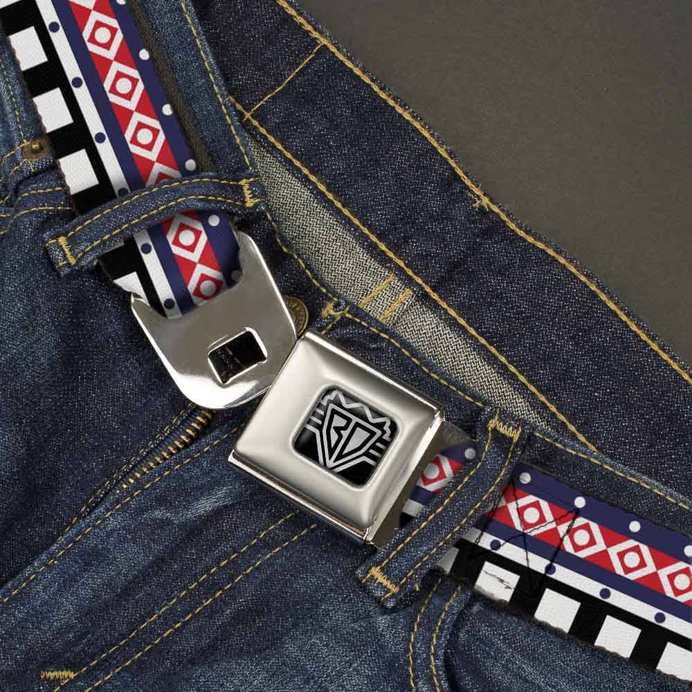 BD Wings Logo CLOSE-UP Full Color Black Silver Seatbelt Belt - Aztec3 White/Navy/Red/Black Webbing Seatbelt Belts Buckle-Down