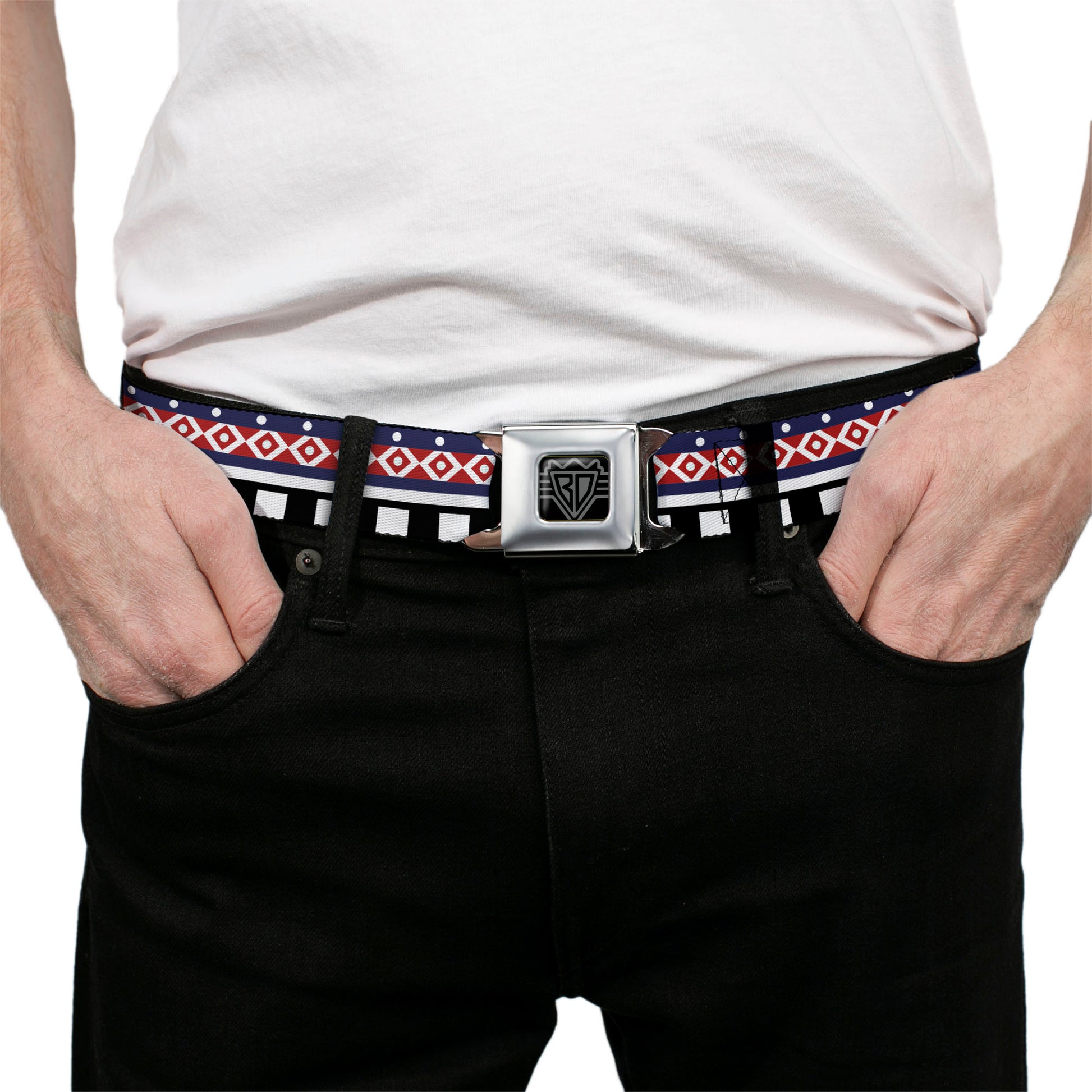 BD Wings Logo CLOSE-UP Full Color Black Silver Seatbelt Belt - Aztec3 White/Navy/Red/Black Webbing Seatbelt Belts Buckle-Down