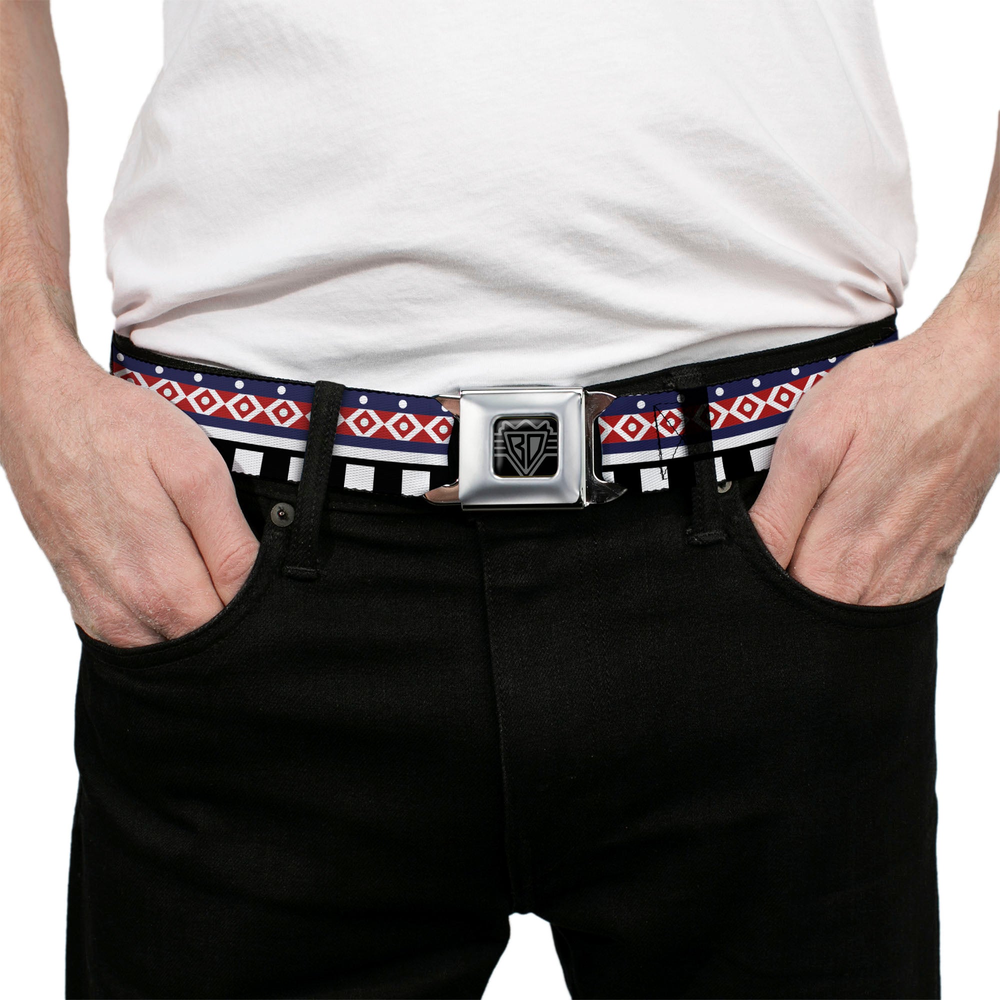 BD Wings Logo CLOSE-UP Full Color Black Silver Seatbelt Belt - Aztec3 White/Navy/Red/Black Webbing Seatbelt Belts Buckle-Down