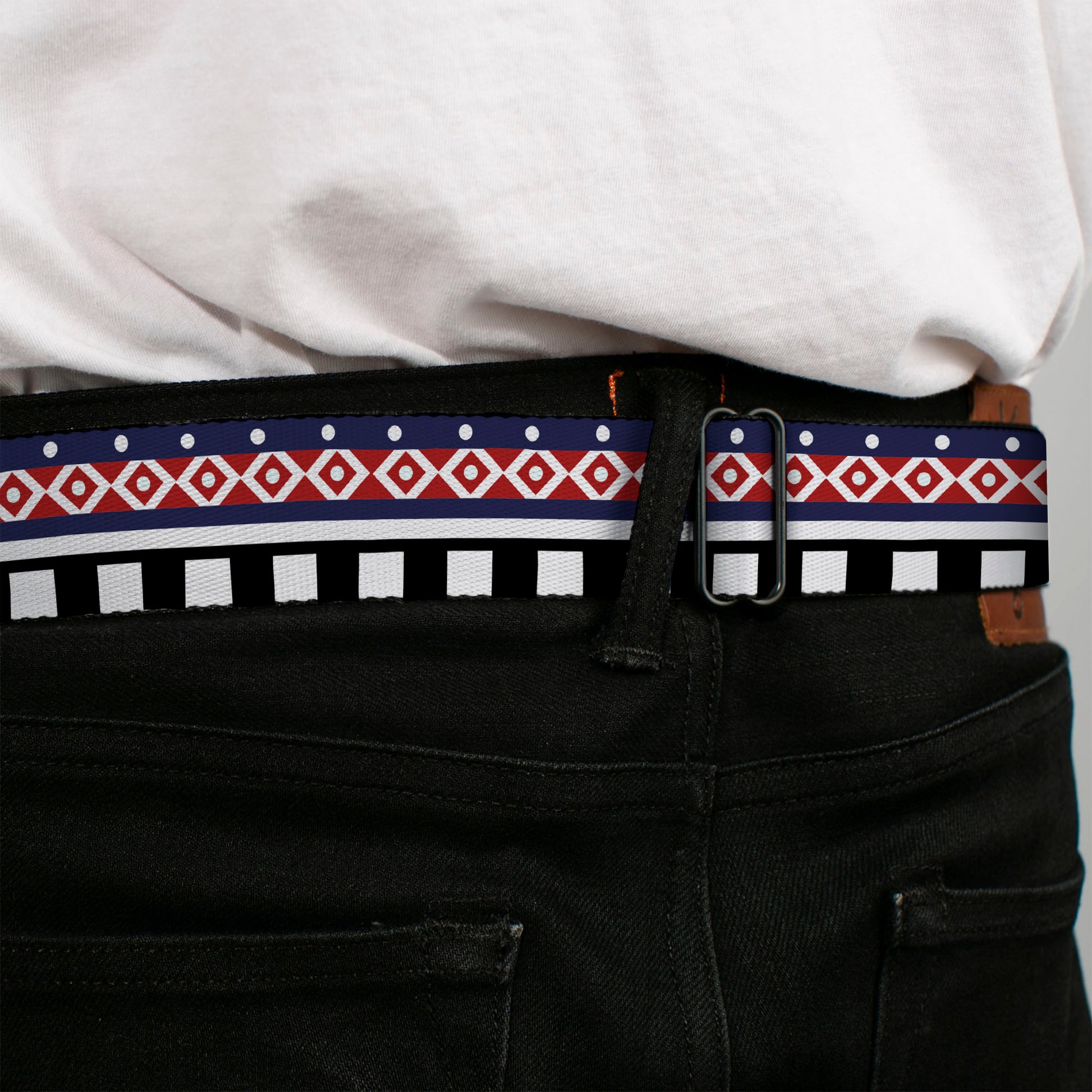 BD Wings Logo CLOSE-UP Full Color Black Silver Seatbelt Belt - Aztec3 White/Navy/Red/Black Webbing Seatbelt Belts Buckle-Down