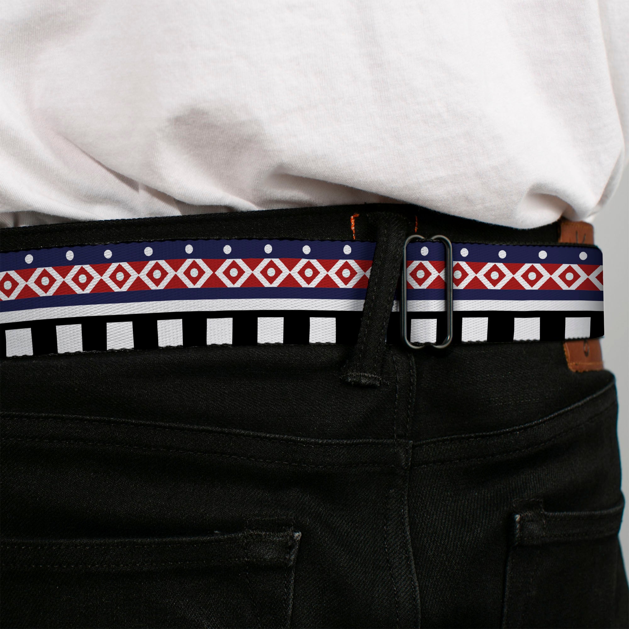 BD Wings Logo CLOSE-UP Full Color Black Silver Seatbelt Belt - Aztec3 White/Navy/Red/Black Webbing Seatbelt Belts Buckle-Down