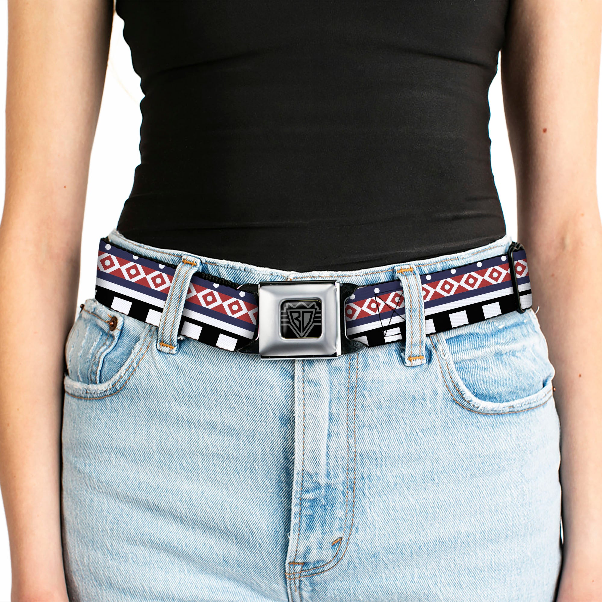 BD Wings Logo CLOSE-UP Full Color Black Silver Seatbelt Belt - Aztec3 White/Navy/Red/Black Webbing Seatbelt Belts Buckle-Down