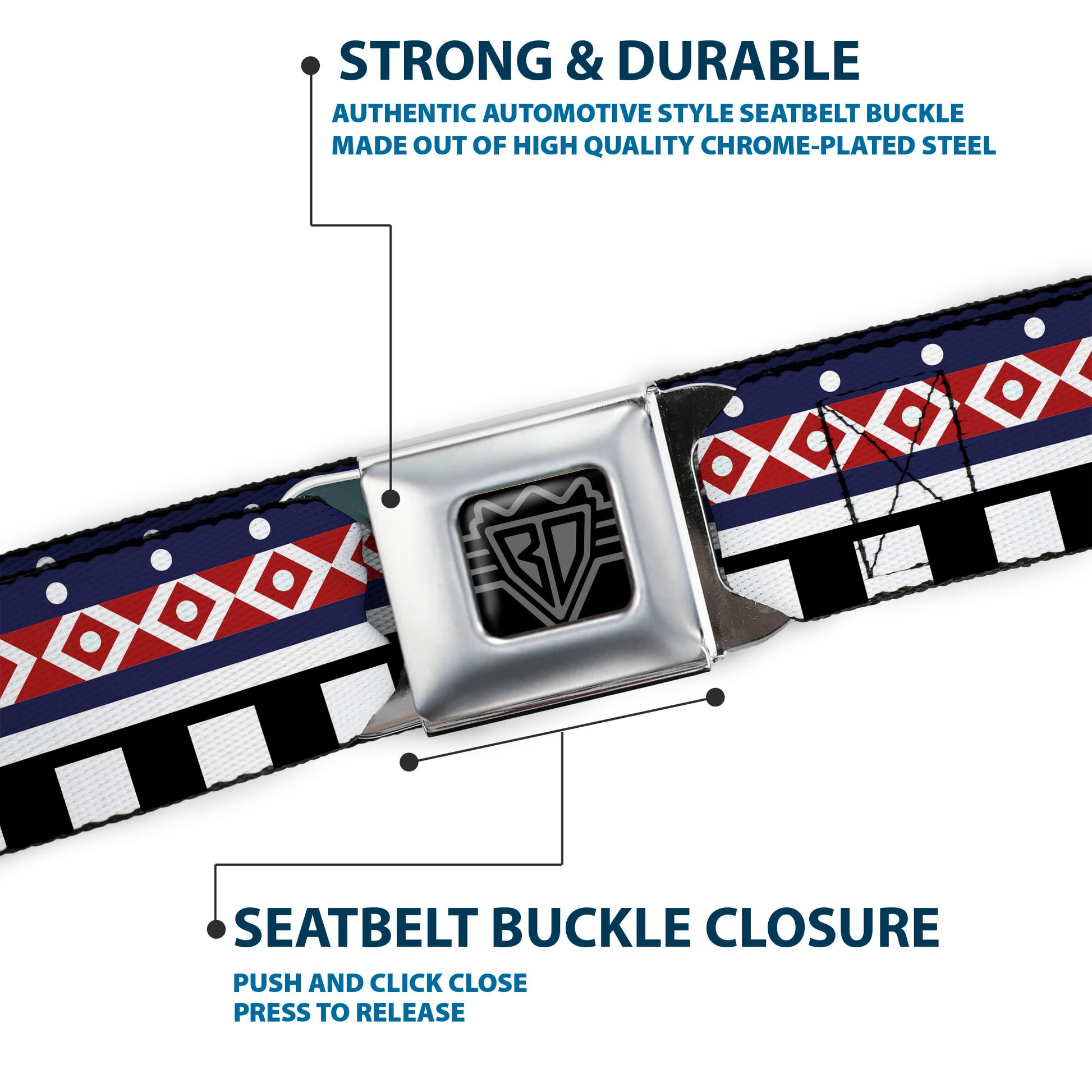 BD Wings Logo CLOSE-UP Full Color Black Silver Seatbelt Belt - Aztec3 White/Navy/Red/Black Webbing Seatbelt Belts Buckle-Down