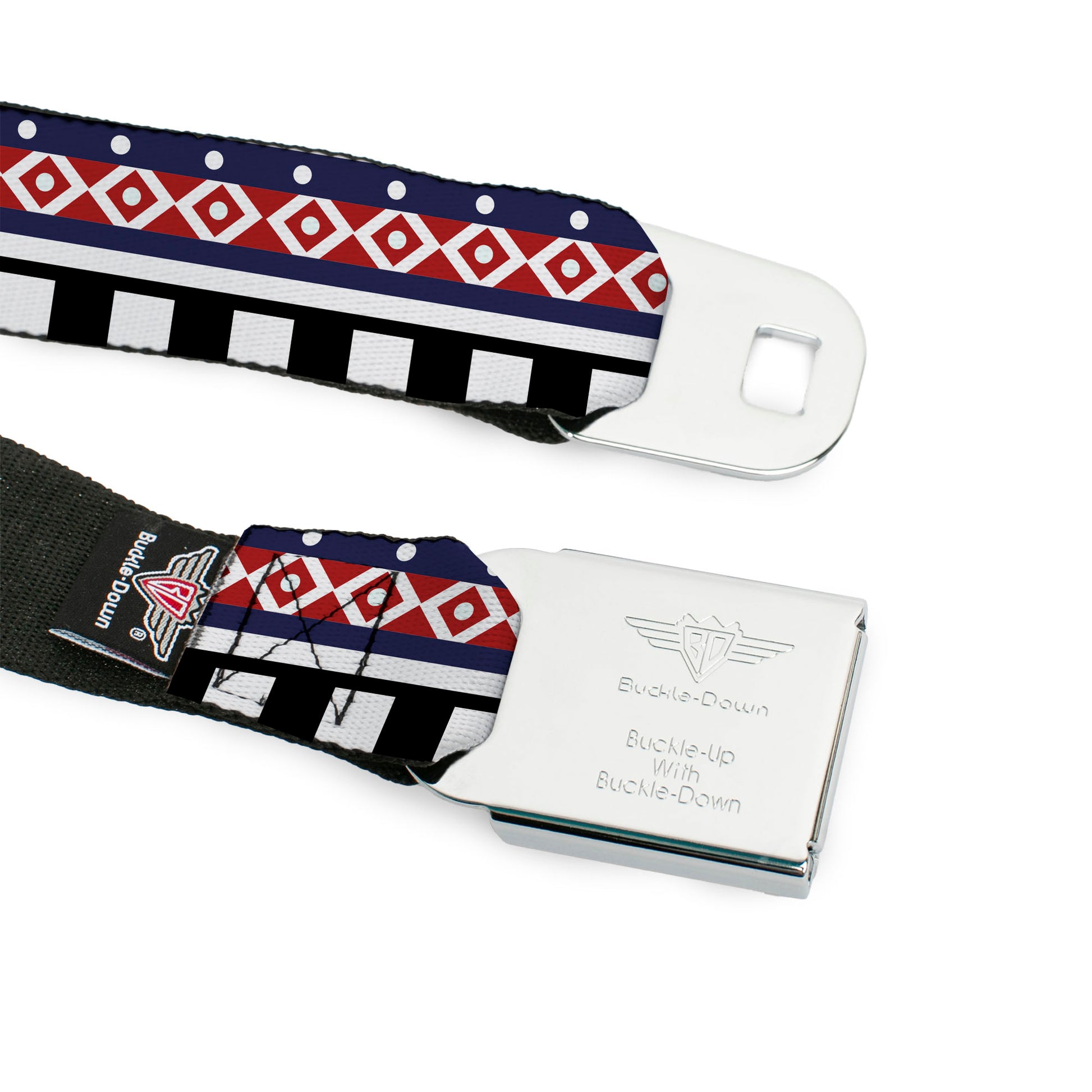 BD Wings Logo CLOSE-UP Full Color Black Silver Seatbelt Belt - Aztec3 White/Navy/Red/Black Webbing Seatbelt Belts Buckle-Down