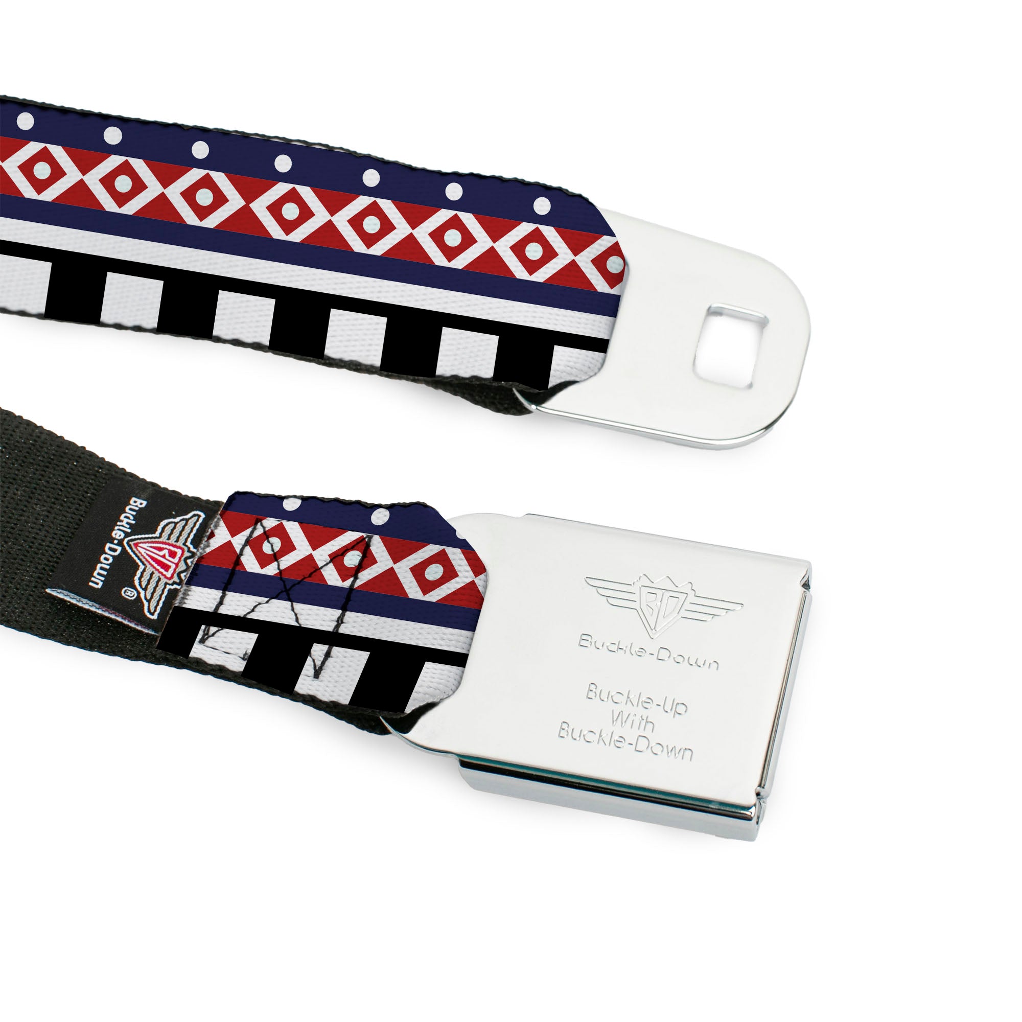 BD Wings Logo CLOSE-UP Full Color Black Silver Seatbelt Belt - Aztec3 White/Navy/Red/Black Webbing Seatbelt Belts Buckle-Down
