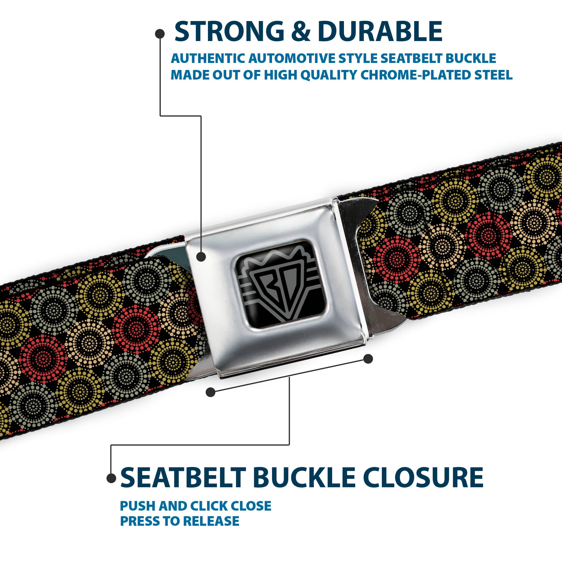 BD Wings Logo CLOSE-UP Full Color Black Silver Seatbelt Belt - Aboriginal Black/Cream/Multi Color Webbing Seatbelt Belts Buckle-Down