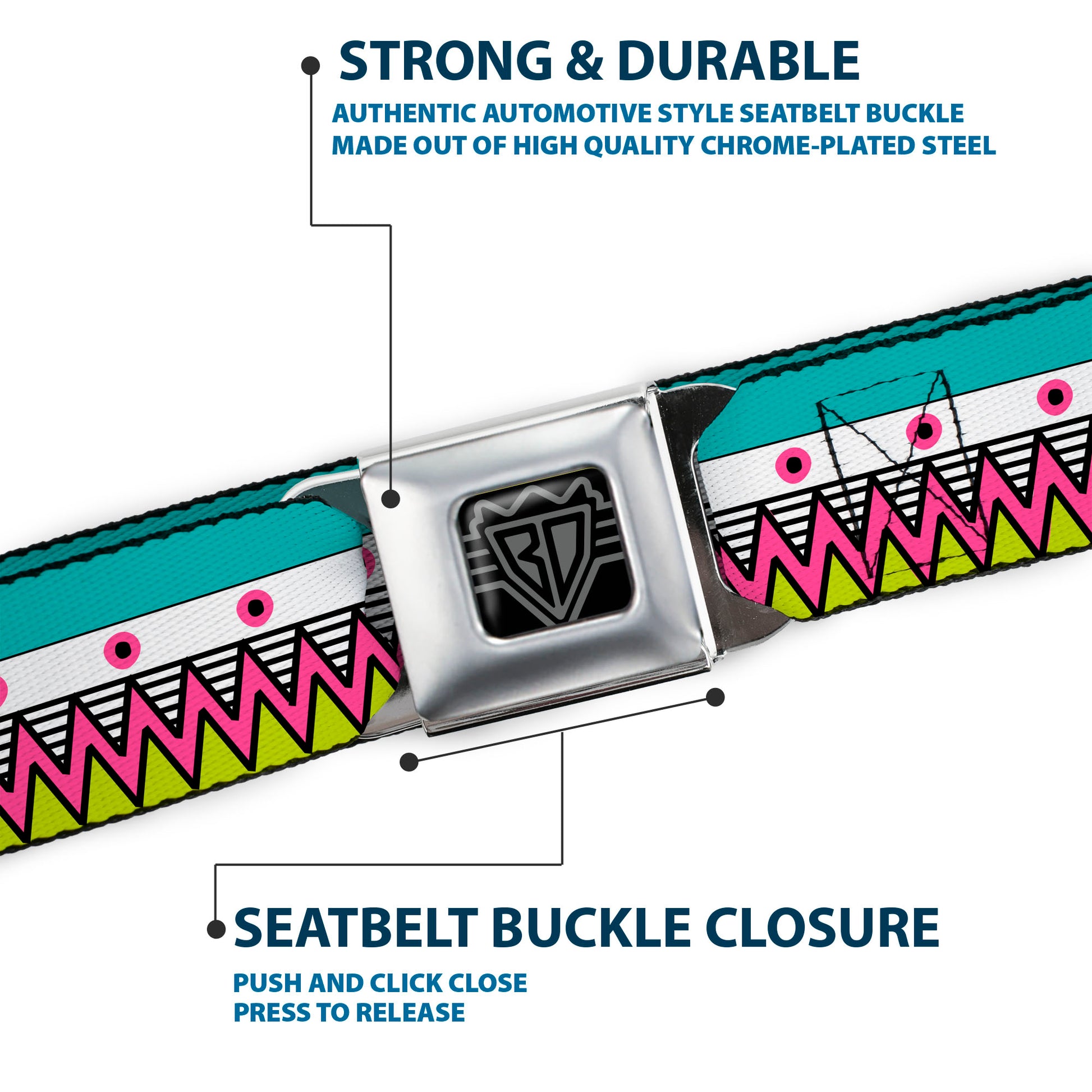 BD Wings Logo CLOSE-UP Full Color Black Silver Seatbelt Belt - Aztec14 Seafoam Green/White/Pink/Lime Green/Black Webbing Seatbelt Belts Buckle-Down