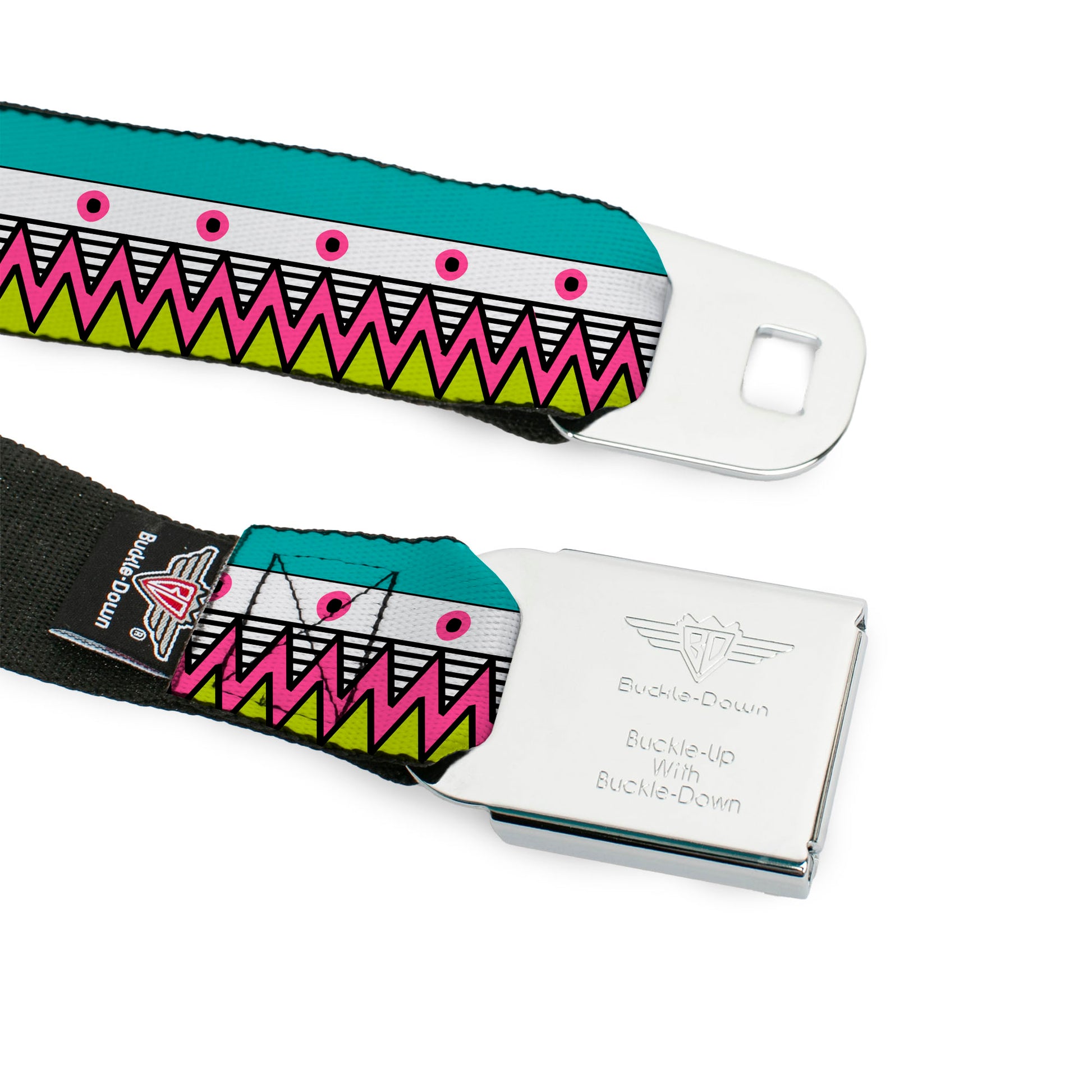 BD Wings Logo CLOSE-UP Full Color Black Silver Seatbelt Belt - Aztec14 Seafoam Green/White/Pink/Lime Green/Black Webbing Seatbelt Belts Buckle-Down
