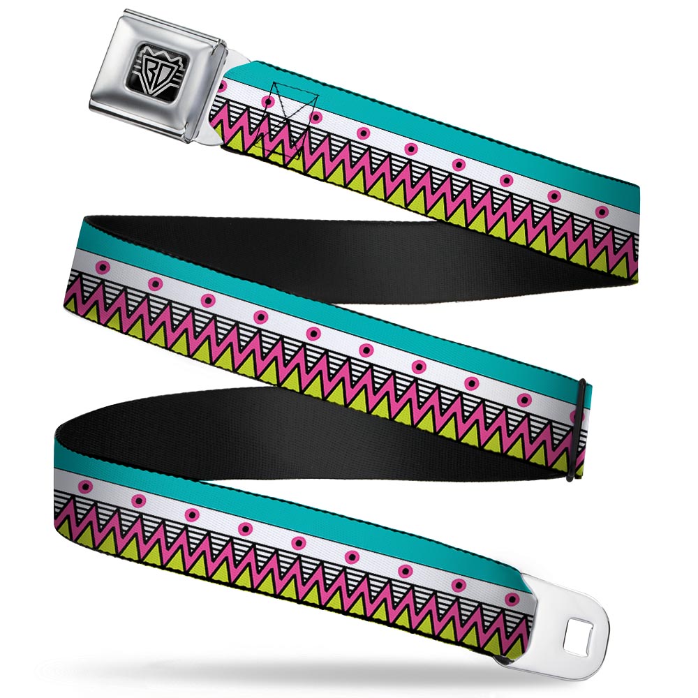 BD Wings Logo CLOSE-UP Full Color Black Silver Seatbelt Belt - Aztec14 Seafoam Green/White/Pink/Lime Green/Black Webbing Seatbelt Belts Buckle-Down