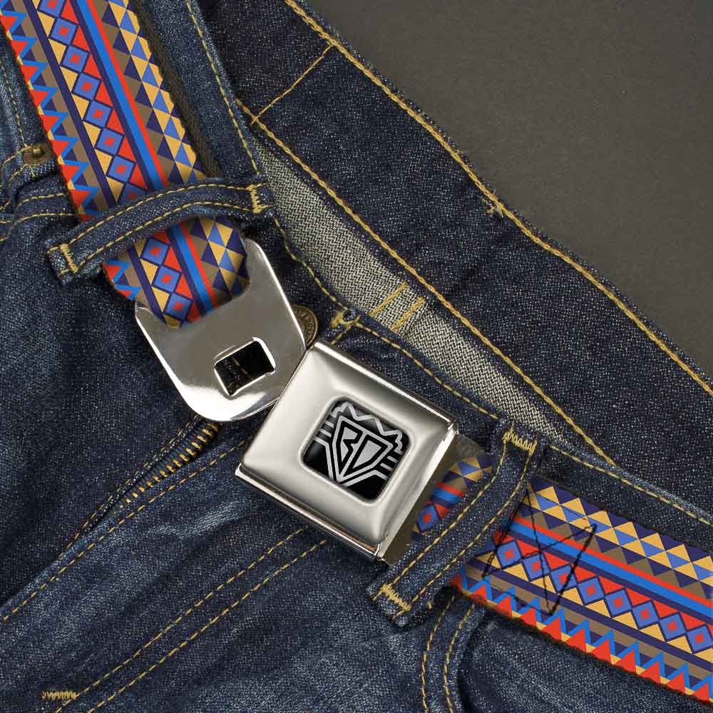 BD Wings Logo CLOSE-UP Full Color Black Silver Seatbelt Belt - Aztec15 Blues/Yellow/Orange/Gray Webbing Seatbelt Belts Buckle-Down