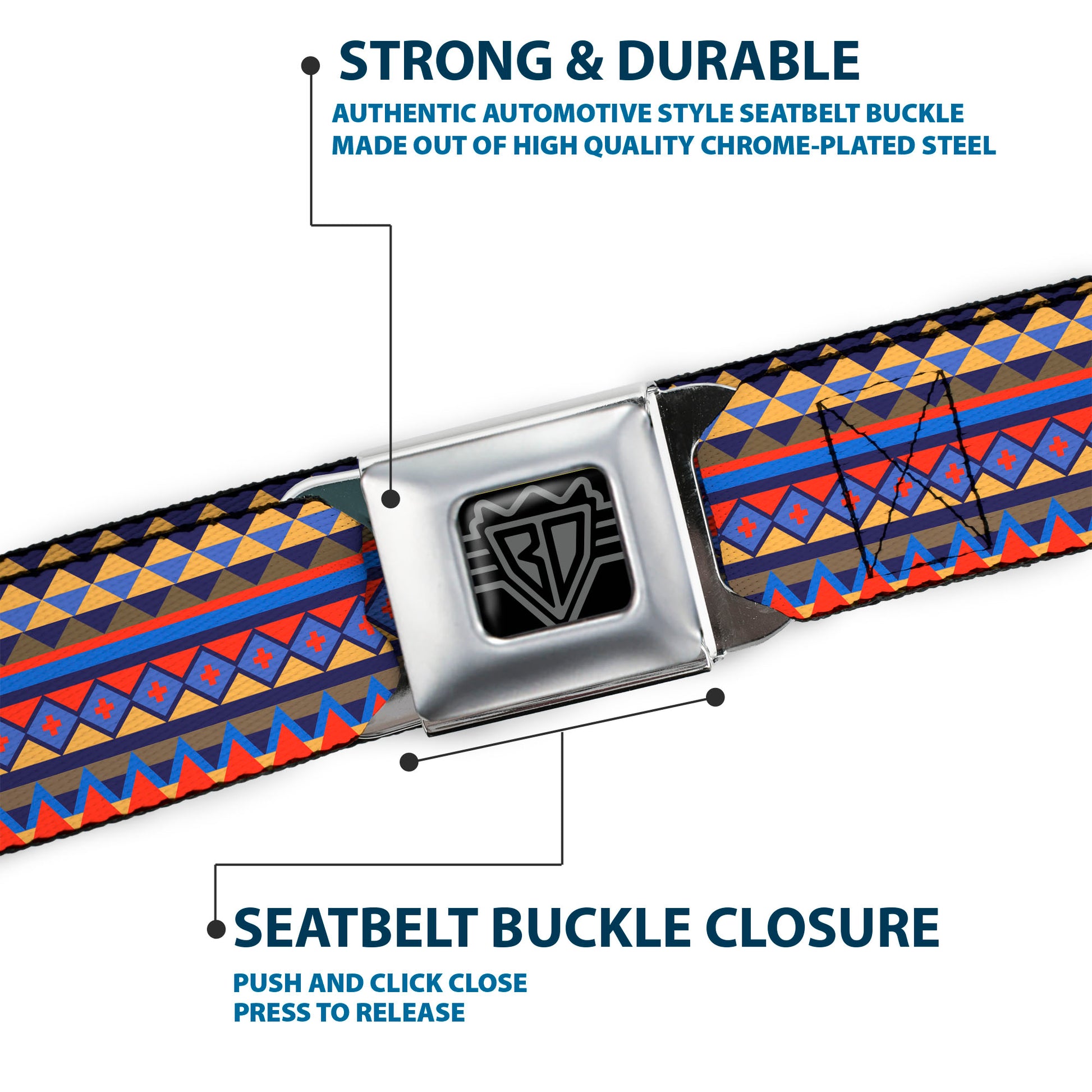 BD Wings Logo CLOSE-UP Full Color Black Silver Seatbelt Belt - Aztec15 Blues/Yellow/Orange/Gray Webbing Seatbelt Belts Buckle-Down