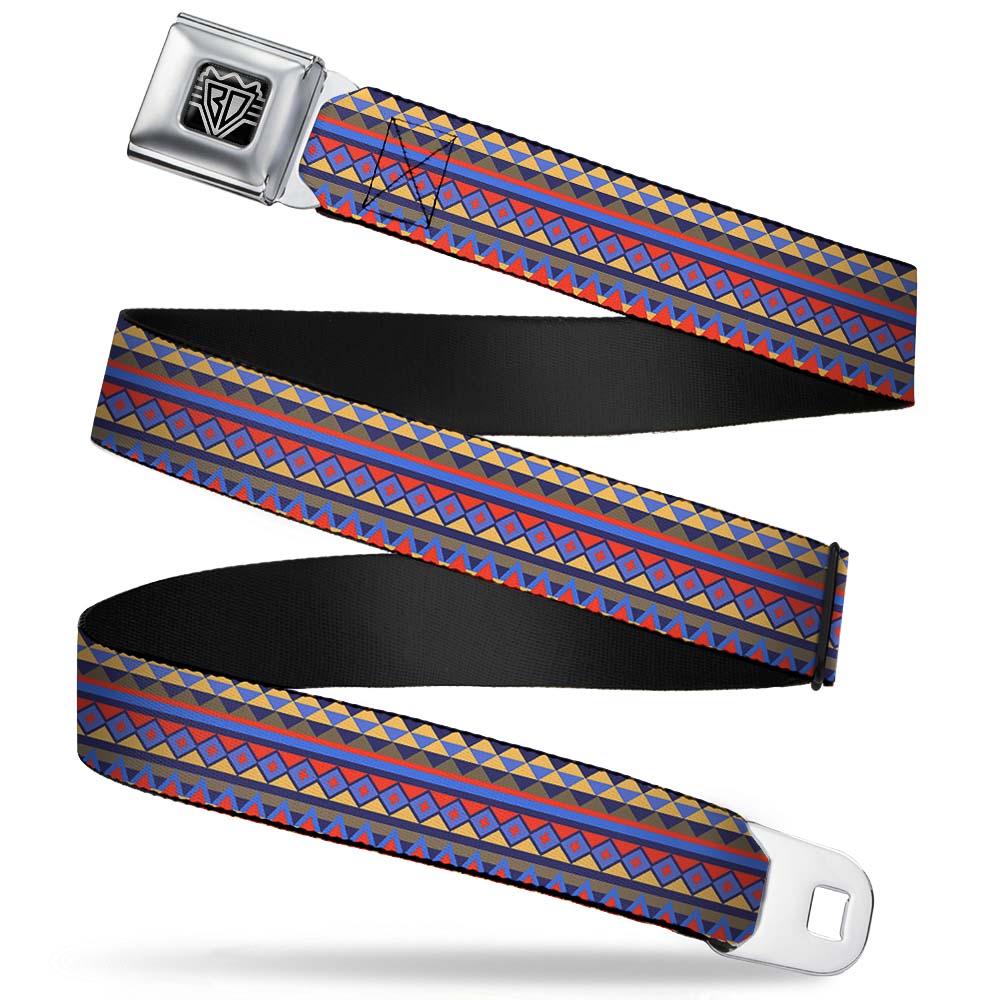 BD Wings Logo CLOSE-UP Full Color Black Silver Seatbelt Belt - Aztec15 Blues/Yellow/Orange/Gray Webbing Seatbelt Belts Buckle-Down