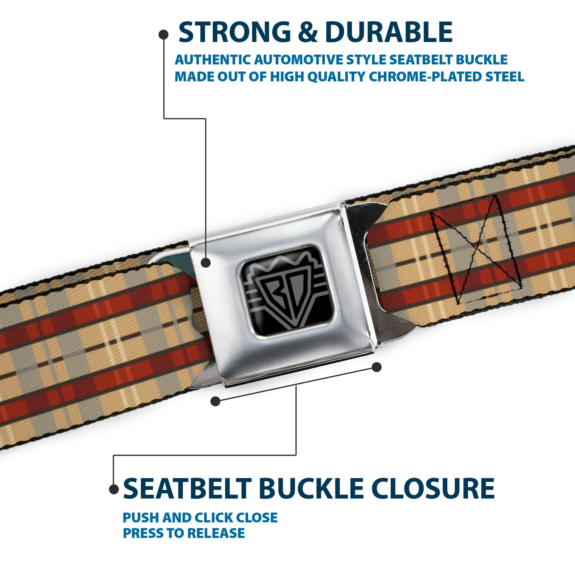 BD Wings Logo CLOSE-UP Full Color Black Silver Seatbelt Belt - Americana Plaid Webbing Seatbelt Belts Buckle-Down