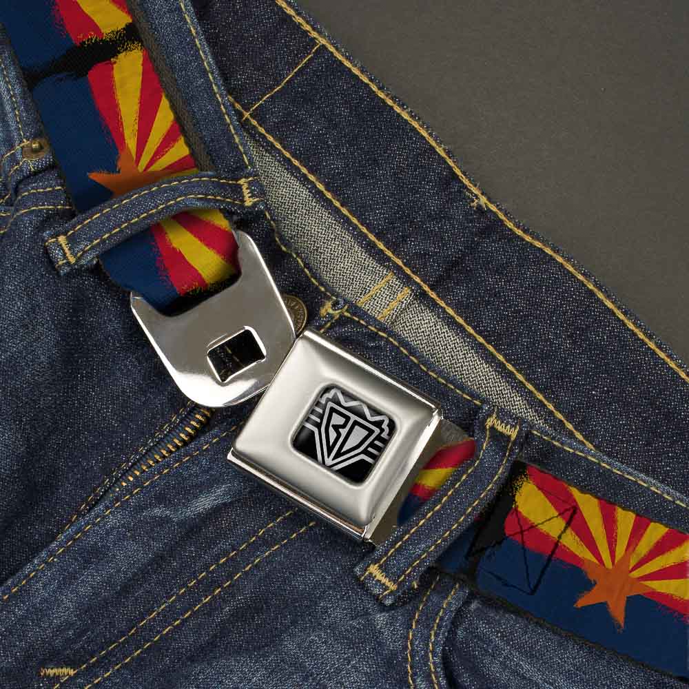 BD Wings Logo CLOSE-UP Full Color Black Silver Seatbelt Belt - Arizona Flag Distressed Painting Webbing Seatbelt Belts Buckle-Down