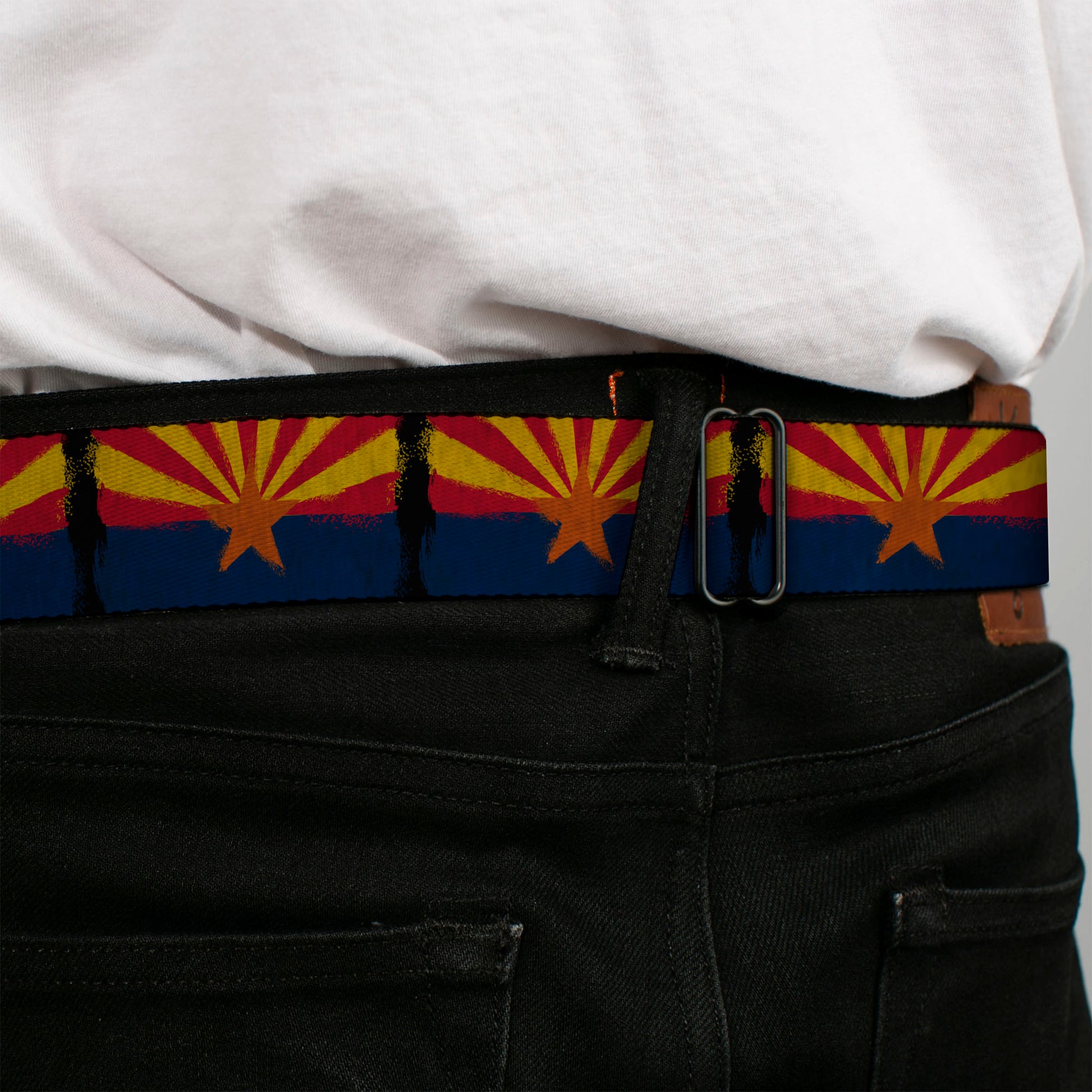 BD Wings Logo CLOSE-UP Full Color Black Silver Seatbelt Belt - Arizona Flag Distressed Painting Webbing Seatbelt Belts Buckle-Down