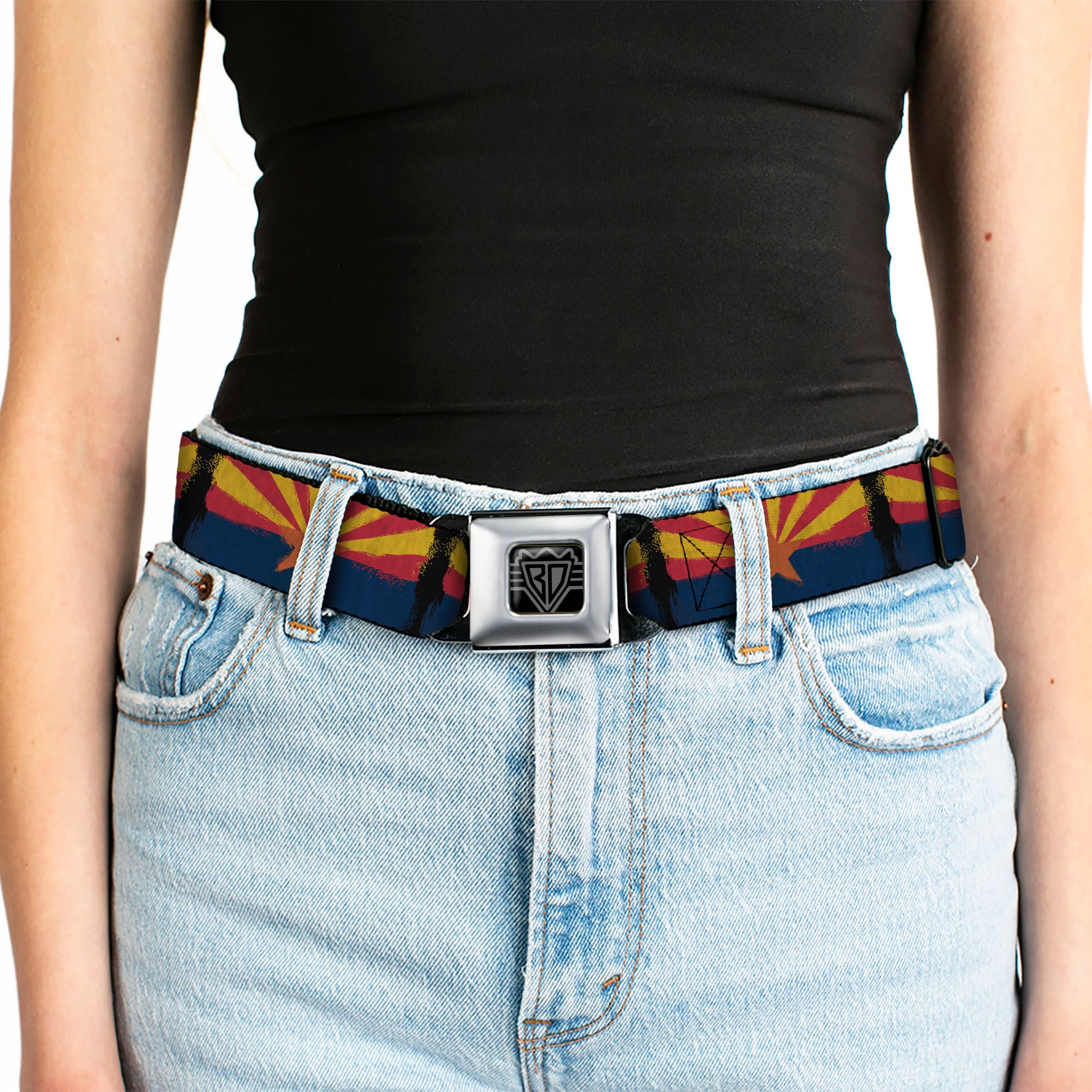BD Wings Logo CLOSE-UP Full Color Black Silver Seatbelt Belt - Arizona Flag Distressed Painting Webbing Seatbelt Belts Buckle-Down
