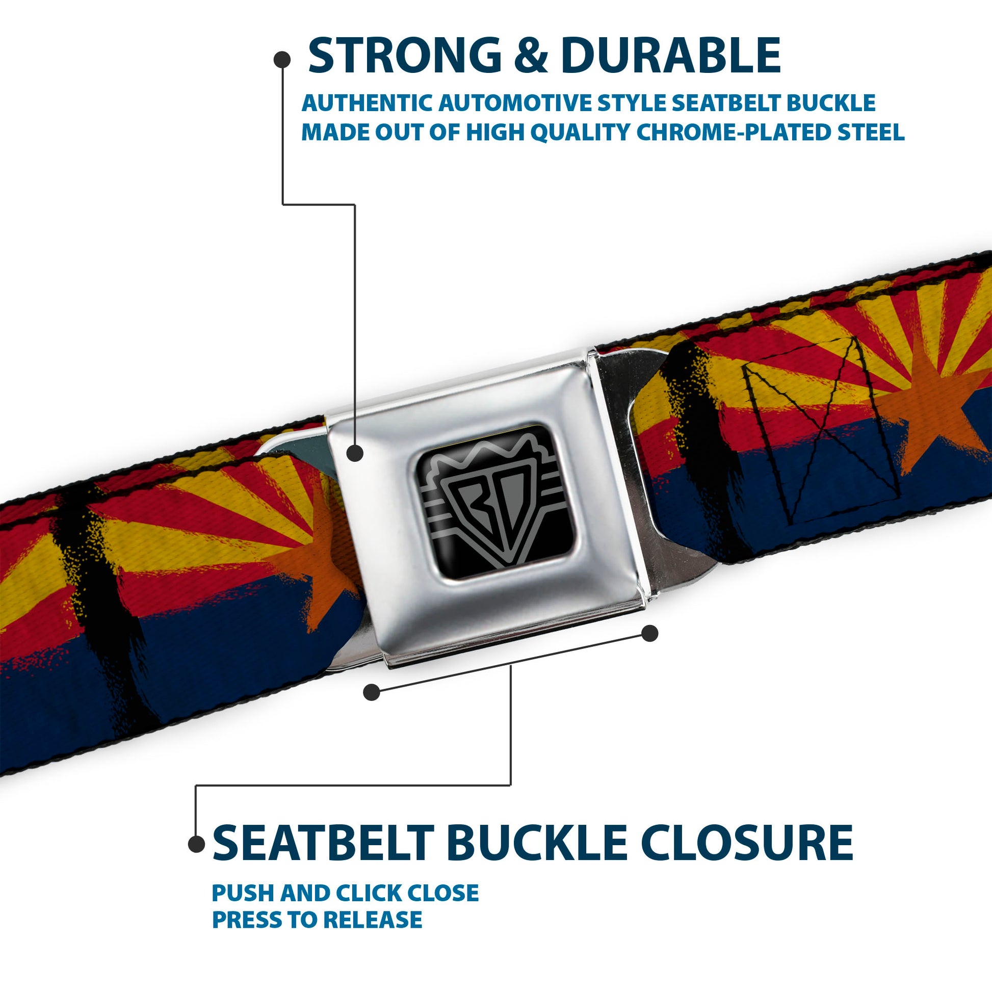 BD Wings Logo CLOSE-UP Full Color Black Silver Seatbelt Belt - Arizona Flag Distressed Painting Webbing Seatbelt Belts Buckle-Down