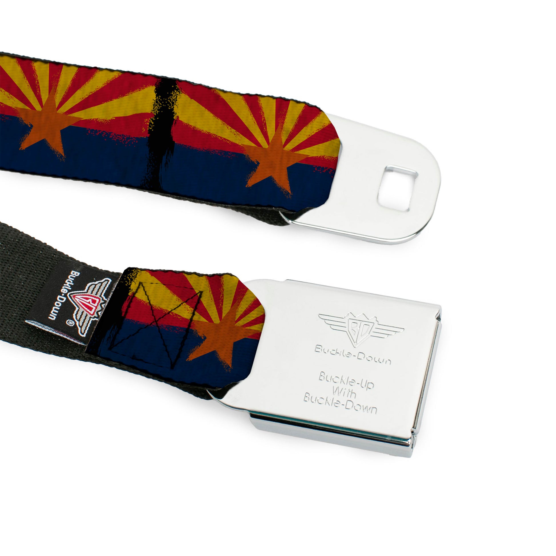 BD Wings Logo CLOSE-UP Full Color Black Silver Seatbelt Belt - Arizona Flag Distressed Painting Webbing Seatbelt Belts Buckle-Down