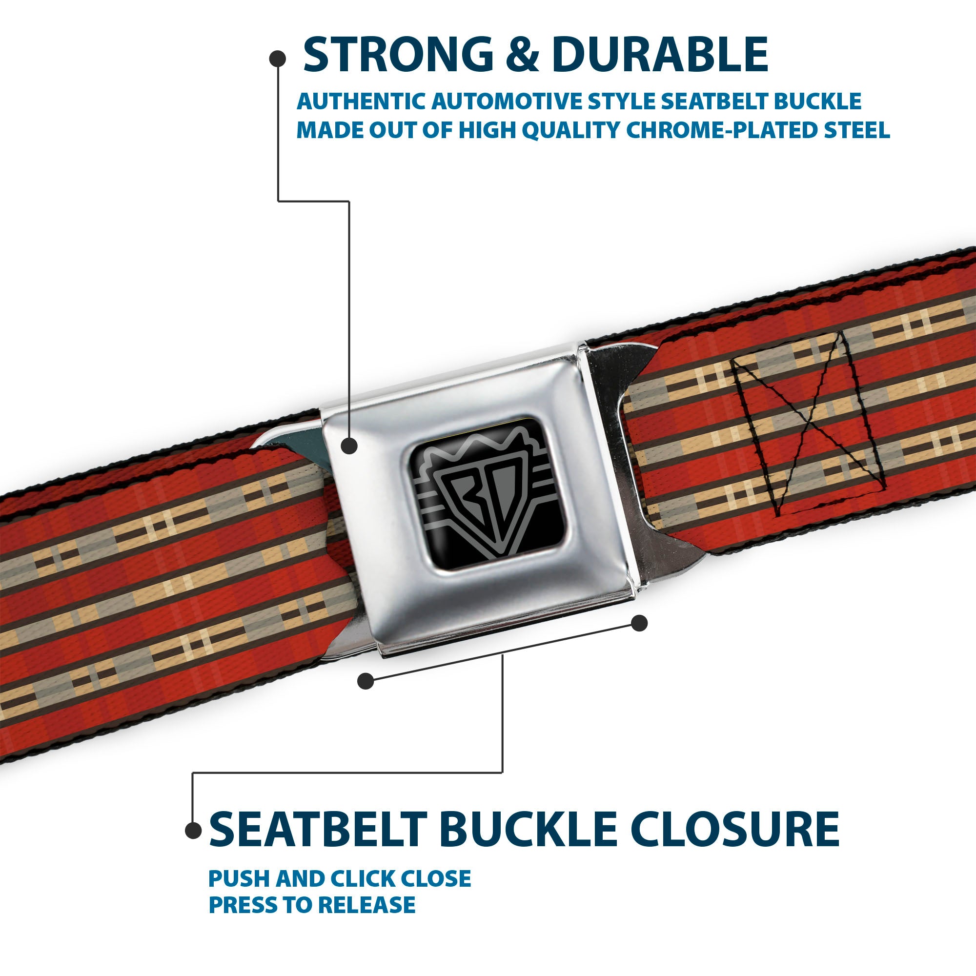 BD Wings Logo CLOSE-UP Full Color Black Silver Seatbelt Belt - Americana Plaid2 Webbing Seatbelt Belts Buckle-Down