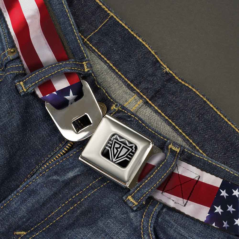 BD Wings Logo CLOSE-UP Full Color Black Silver Seatbelt Belt - American Flag Vivid CLOSE-UP Webbing Seatbelt Belts Buckle-Down