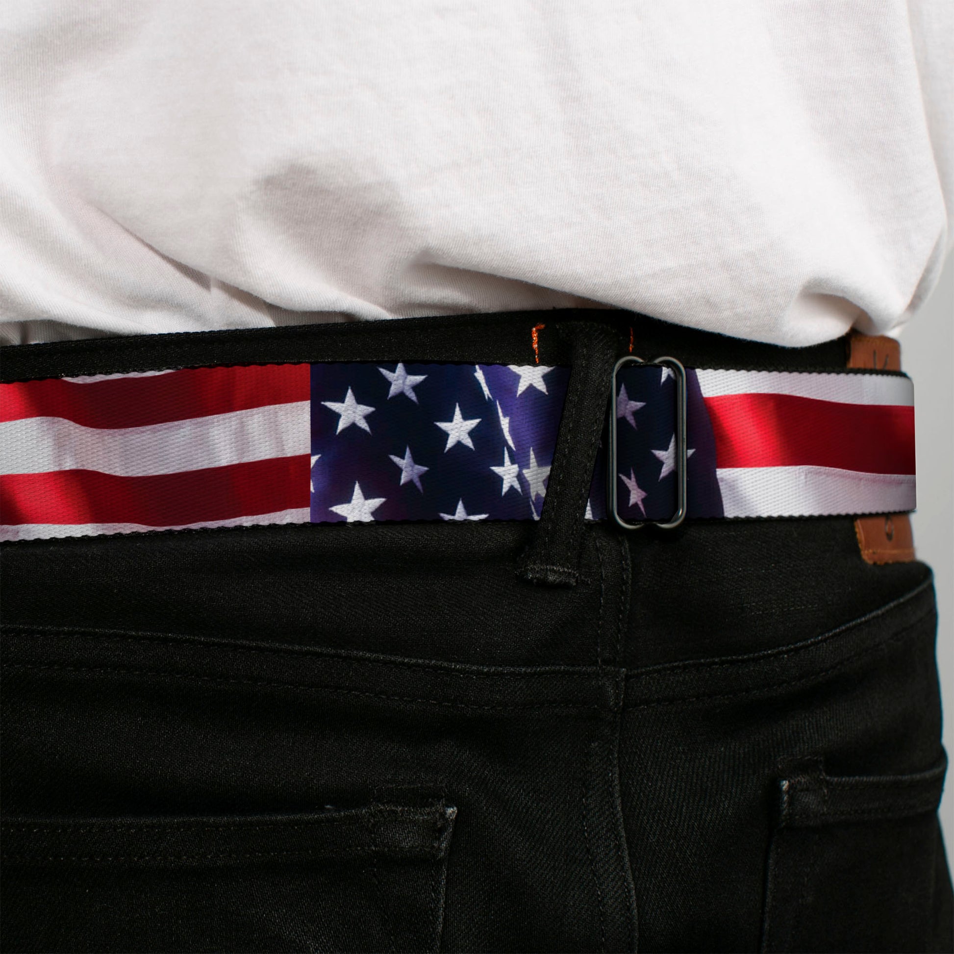 BD Wings Logo CLOSE-UP Full Color Black Silver Seatbelt Belt - American Flag Vivid CLOSE-UP Webbing Seatbelt Belts Buckle-Down