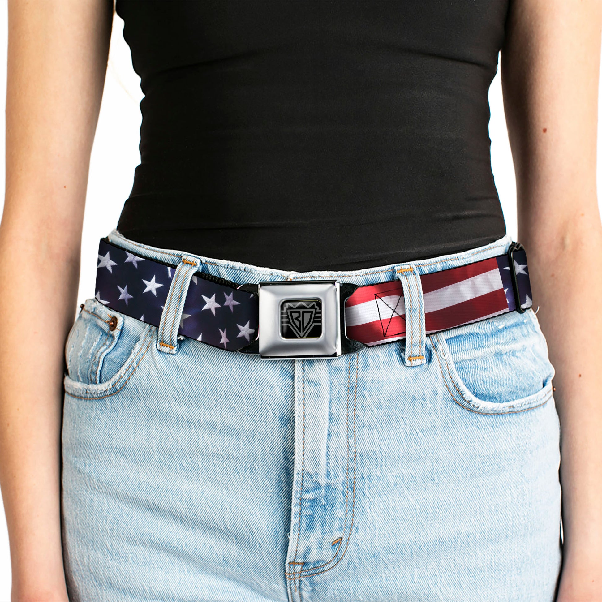BD Wings Logo CLOSE-UP Full Color Black Silver Seatbelt Belt - American Flag Vivid CLOSE-UP Webbing Seatbelt Belts Buckle-Down