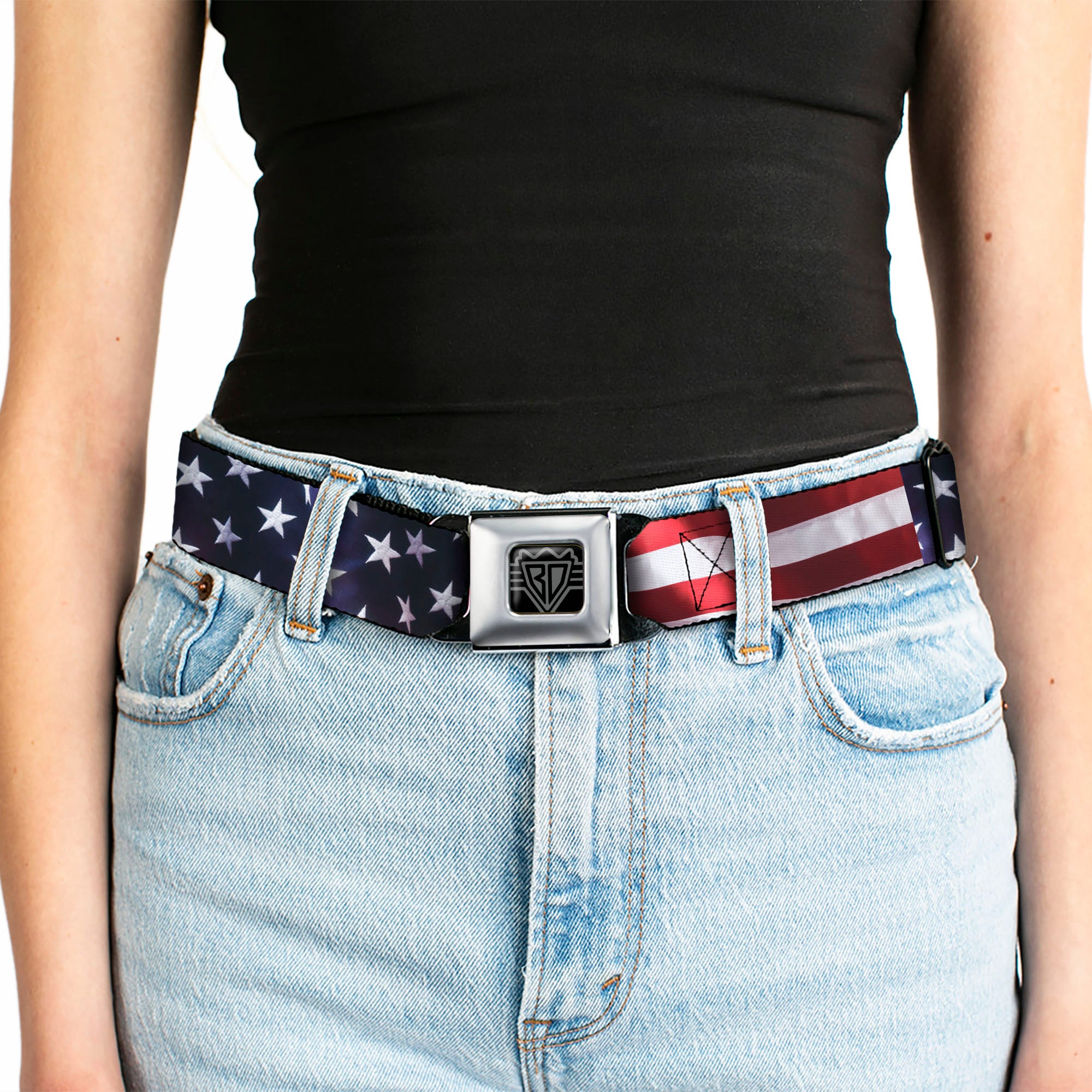 BD Wings Logo CLOSE-UP Full Color Black Silver Seatbelt Belt - American Flag Vivid CLOSE-UP Webbing Seatbelt Belts Buckle-Down