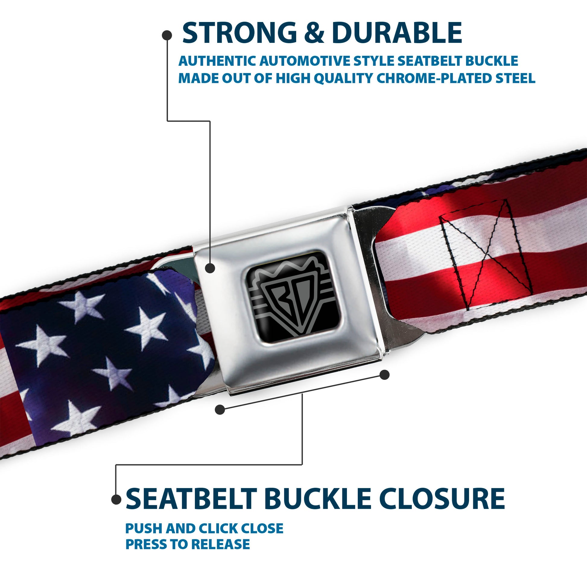 BD Wings Logo CLOSE-UP Full Color Black Silver Seatbelt Belt - American Flag Vivid CLOSE-UP Webbing Seatbelt Belts Buckle-Down