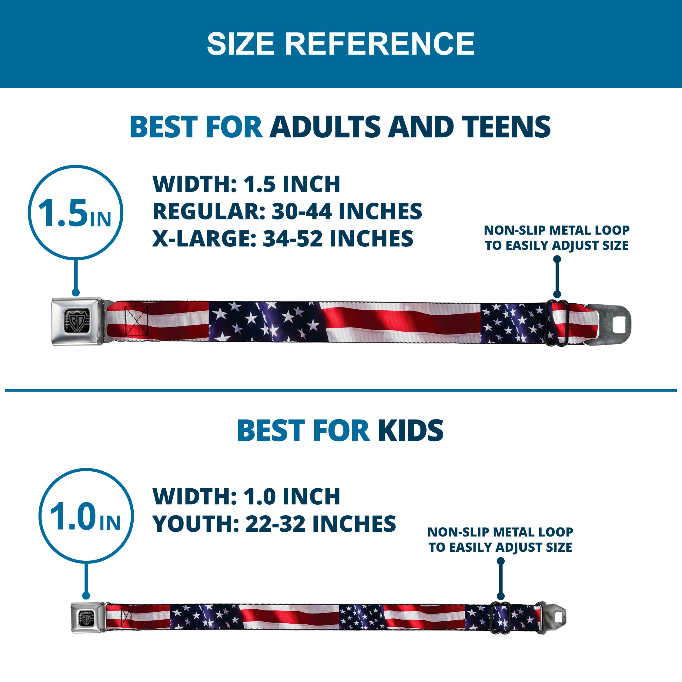 BD Wings Logo CLOSE-UP Full Color Black Silver Seatbelt Belt - American Flag Vivid CLOSE-UP Webbing Seatbelt Belts Buckle-Down