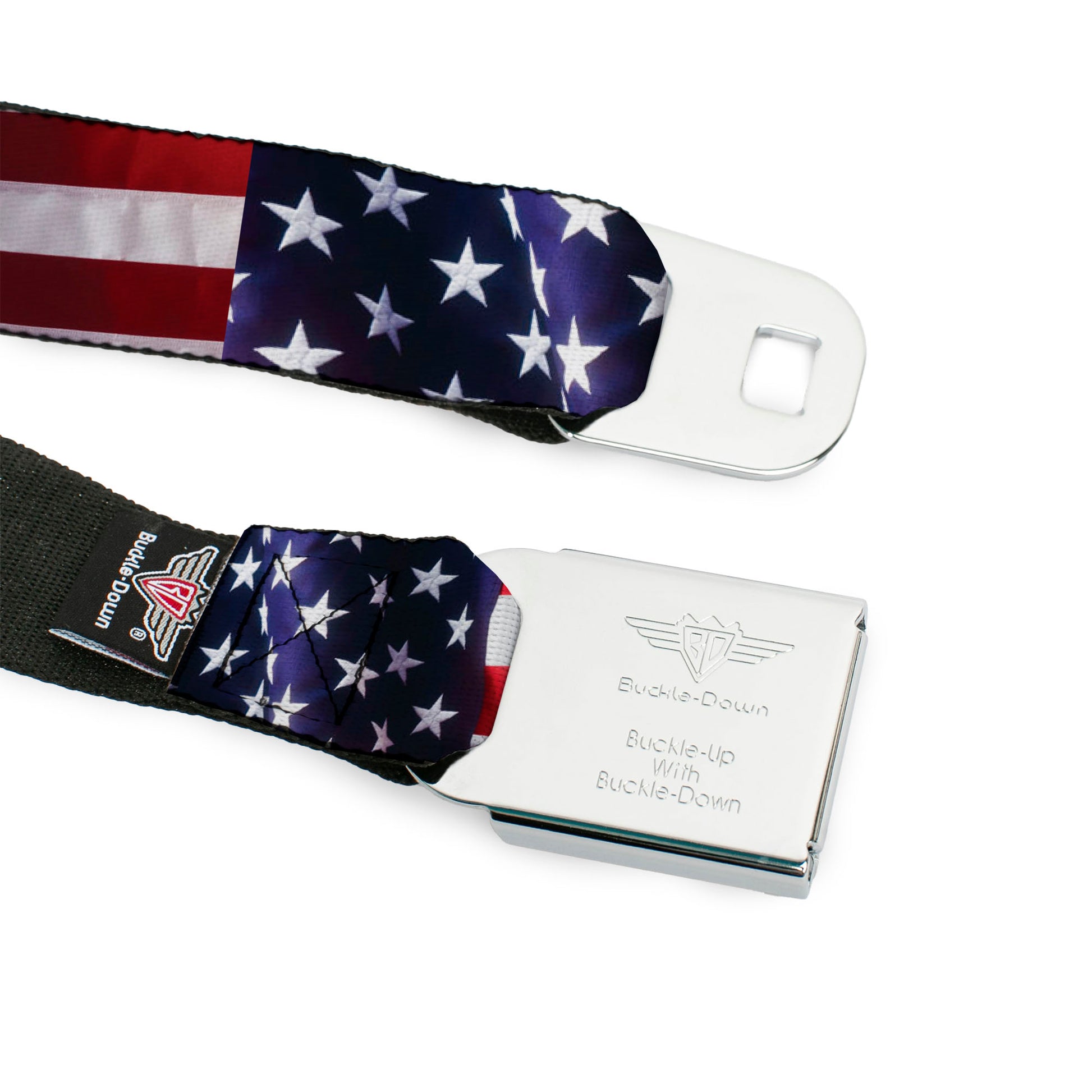BD Wings Logo CLOSE-UP Full Color Black Silver Seatbelt Belt - American Flag Vivid CLOSE-UP Webbing Seatbelt Belts Buckle-Down