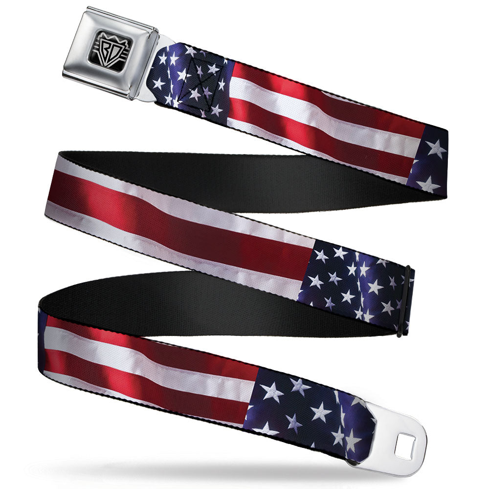 BD Wings Logo CLOSE-UP Full Color Black Silver Seatbelt Belt - American Flag Vivid CLOSE-UP Webbing Seatbelt Belts Buckle-Down