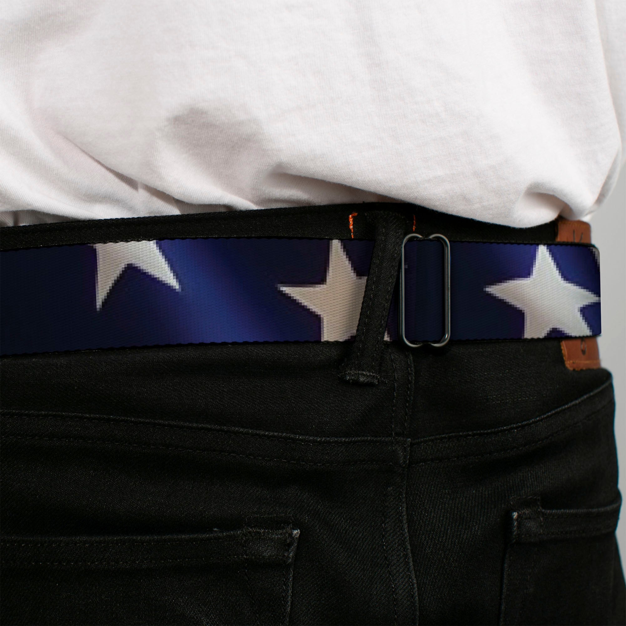 BD Wings Logo CLOSE-UP Full Color Black Silver Seatbelt Belt - American Flag Vivid Stars CLOSE-UP Blue/White Webbing Seatbelt Belts Buckle-Down