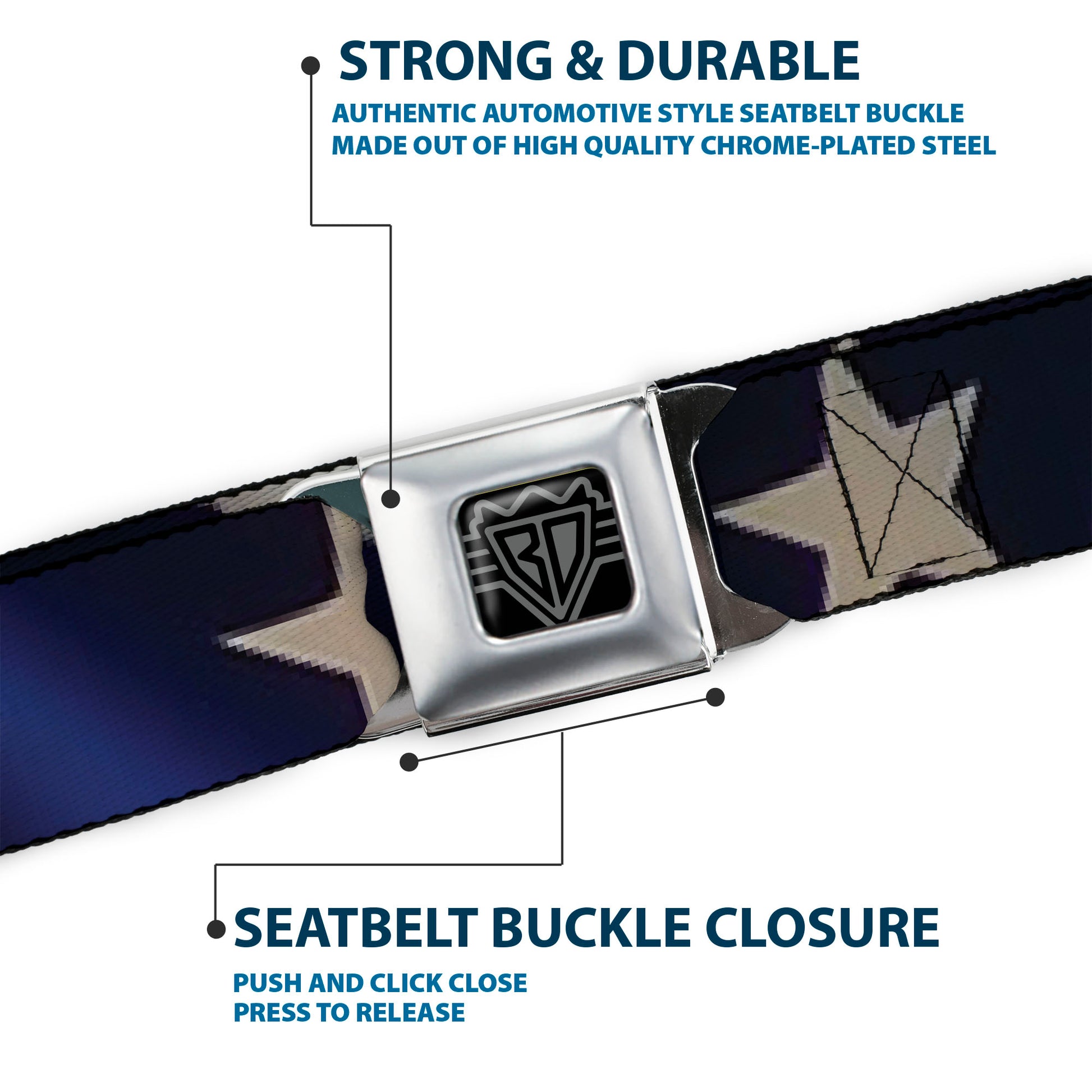 BD Wings Logo CLOSE-UP Full Color Black Silver Seatbelt Belt - American Flag Vivid Stars CLOSE-UP Blue/White Webbing Seatbelt Belts Buckle-Down