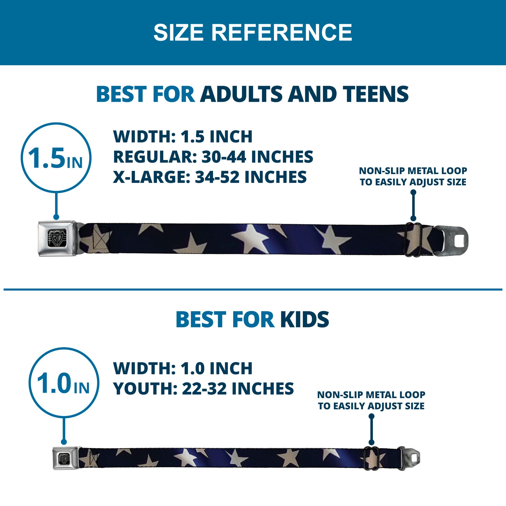 BD Wings Logo CLOSE-UP Full Color Black Silver Seatbelt Belt - American Flag Vivid Stars CLOSE-UP Blue/White Webbing Seatbelt Belts Buckle-Down