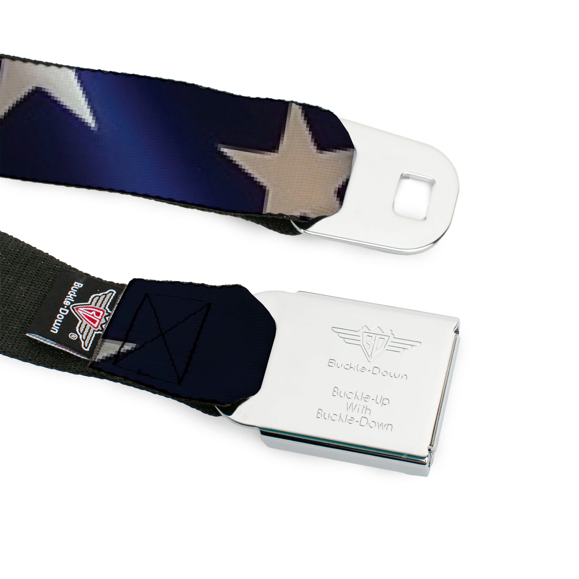 BD Wings Logo CLOSE-UP Full Color Black Silver Seatbelt Belt - American Flag Vivid Stars CLOSE-UP Blue/White Webbing Seatbelt Belts Buckle-Down