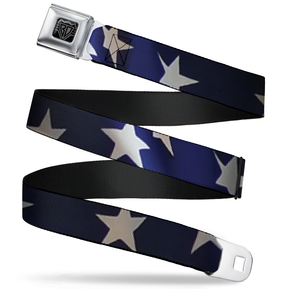 BD Wings Logo CLOSE-UP Full Color Black Silver Seatbelt Belt - American Flag Vivid Stars CLOSE-UP Blue/White Webbing Seatbelt Belts Buckle-Down