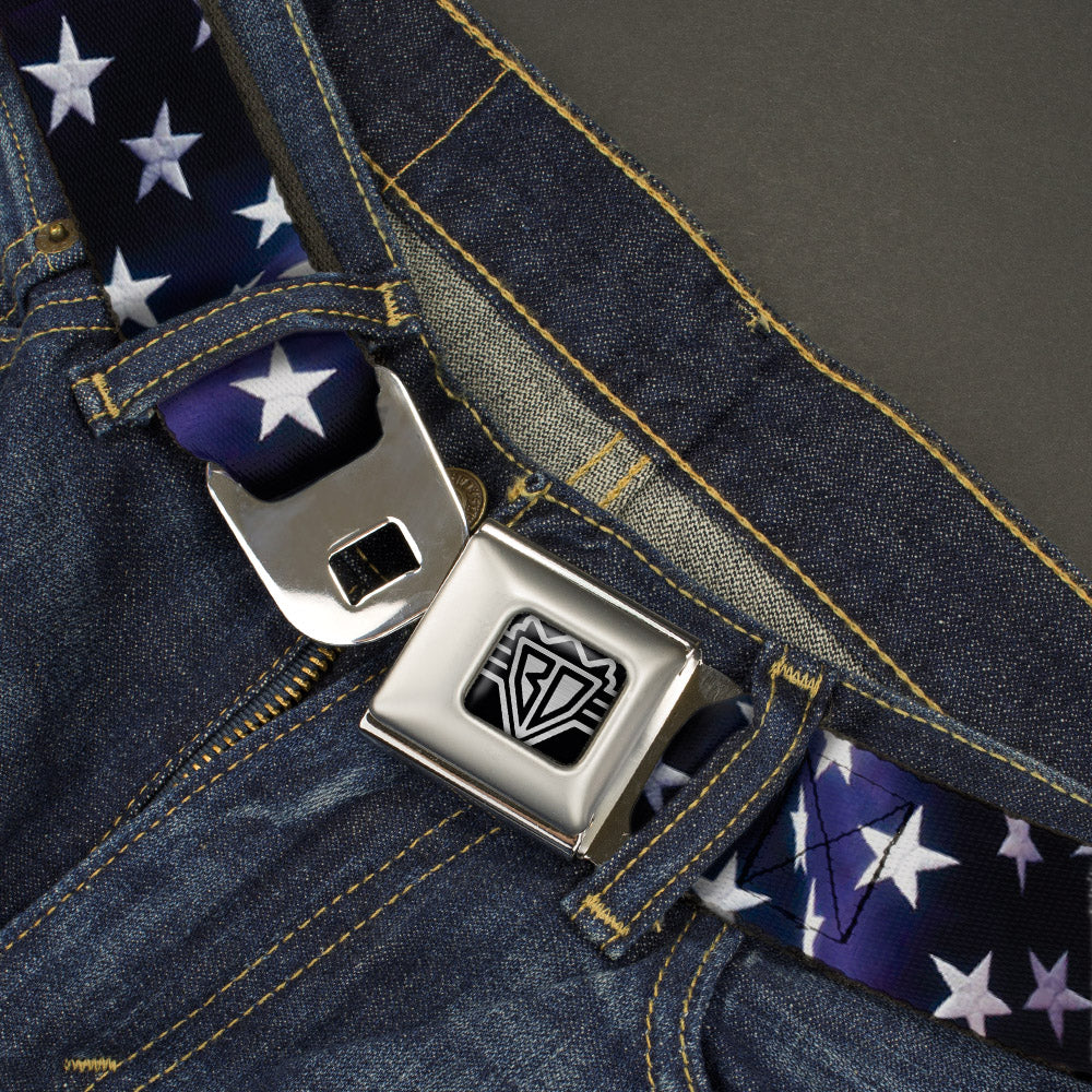 BD Wings Logo CLOSE-UP Full Color Black Silver Seatbelt Belt - American Flag Vivid Stars Blue/White Webbing Seatbelt Belts Buckle-Down