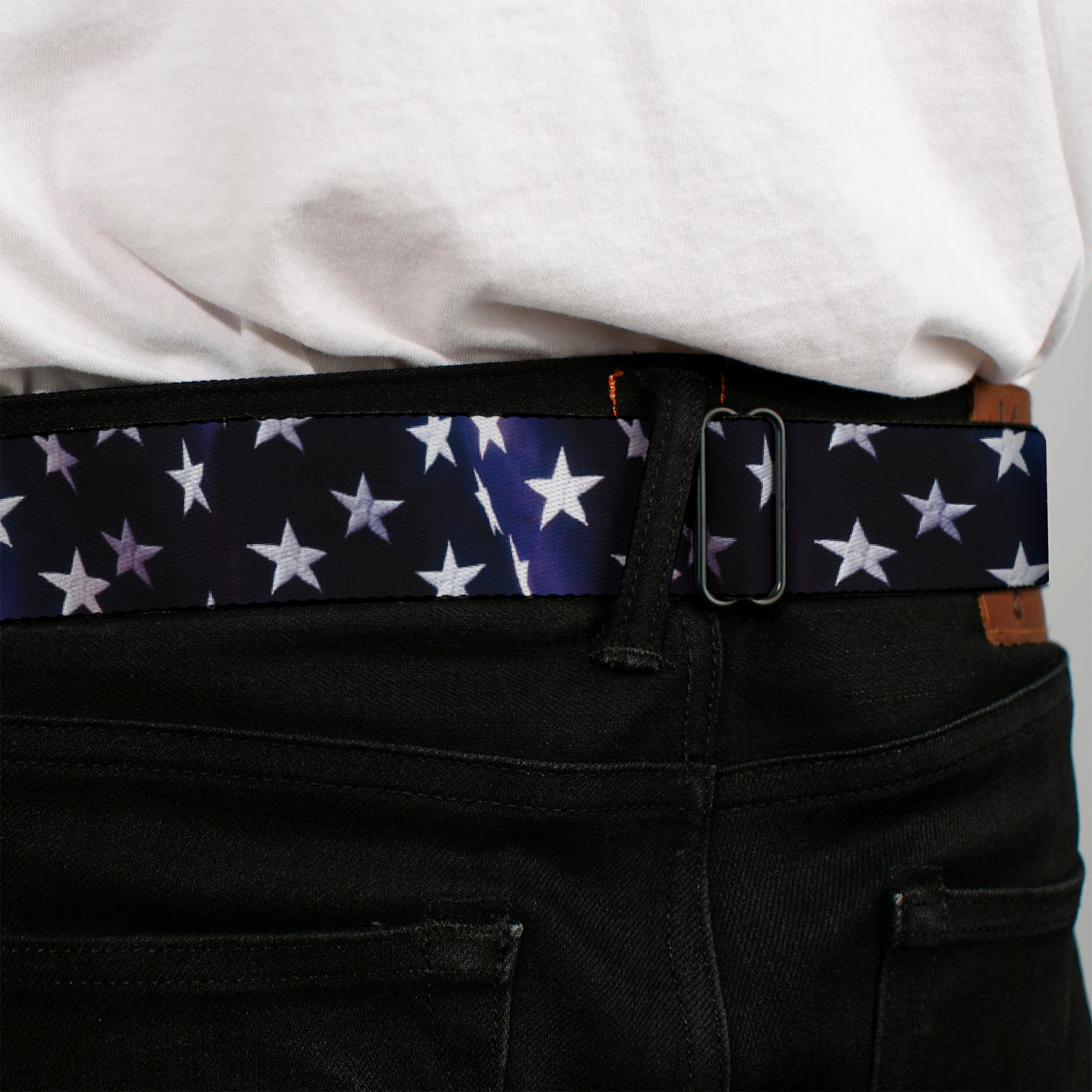 BD Wings Logo CLOSE-UP Full Color Black Silver Seatbelt Belt - American Flag Vivid Stars Blue/White Webbing Seatbelt Belts Buckle-Down