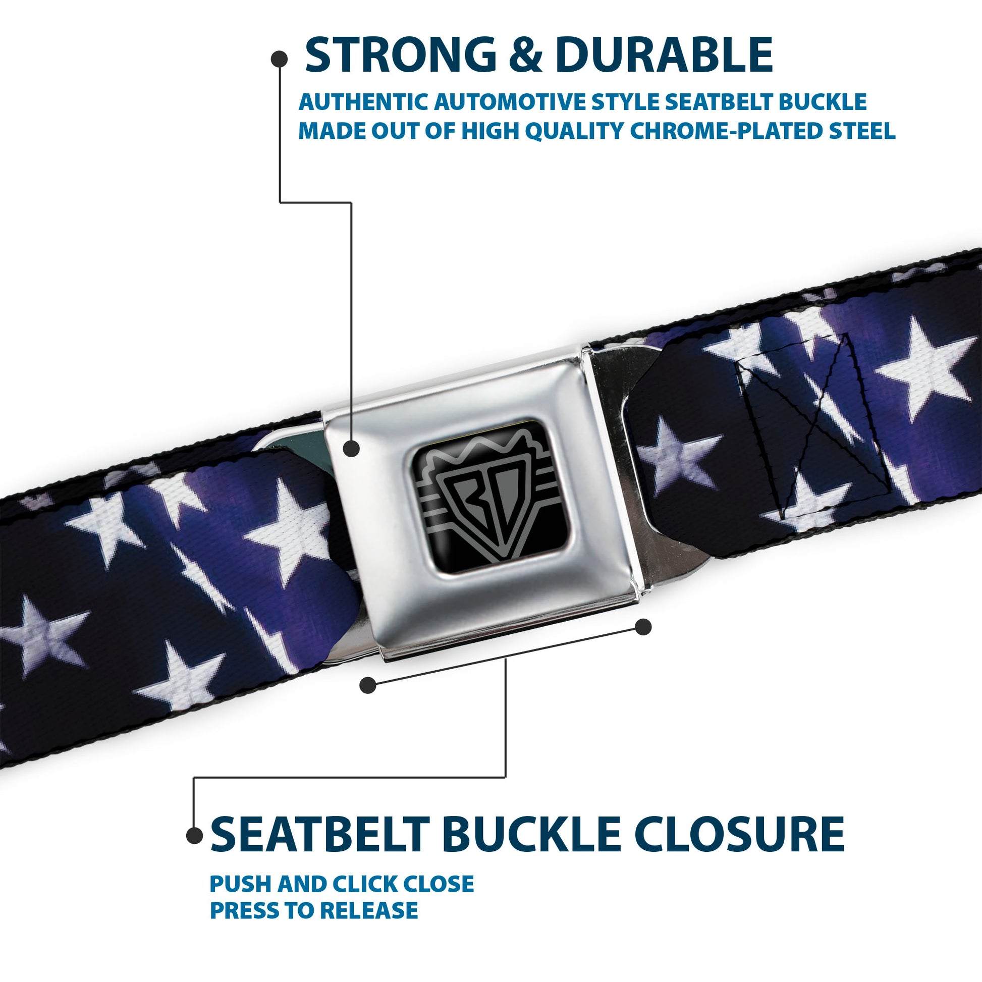 BD Wings Logo CLOSE-UP Full Color Black Silver Seatbelt Belt - American Flag Vivid Stars Blue/White Webbing Seatbelt Belts Buckle-Down