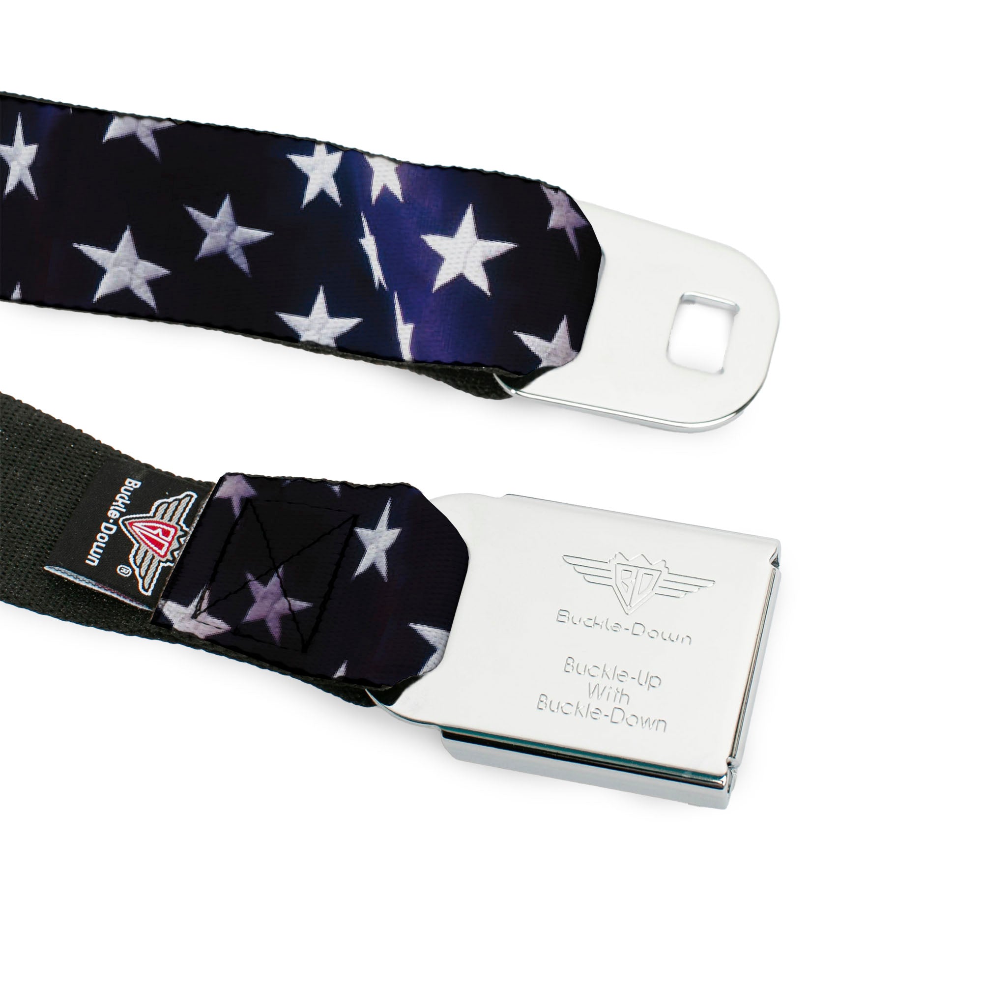 BD Wings Logo CLOSE-UP Full Color Black Silver Seatbelt Belt - American Flag Vivid Stars Blue/White Webbing Seatbelt Belts Buckle-Down