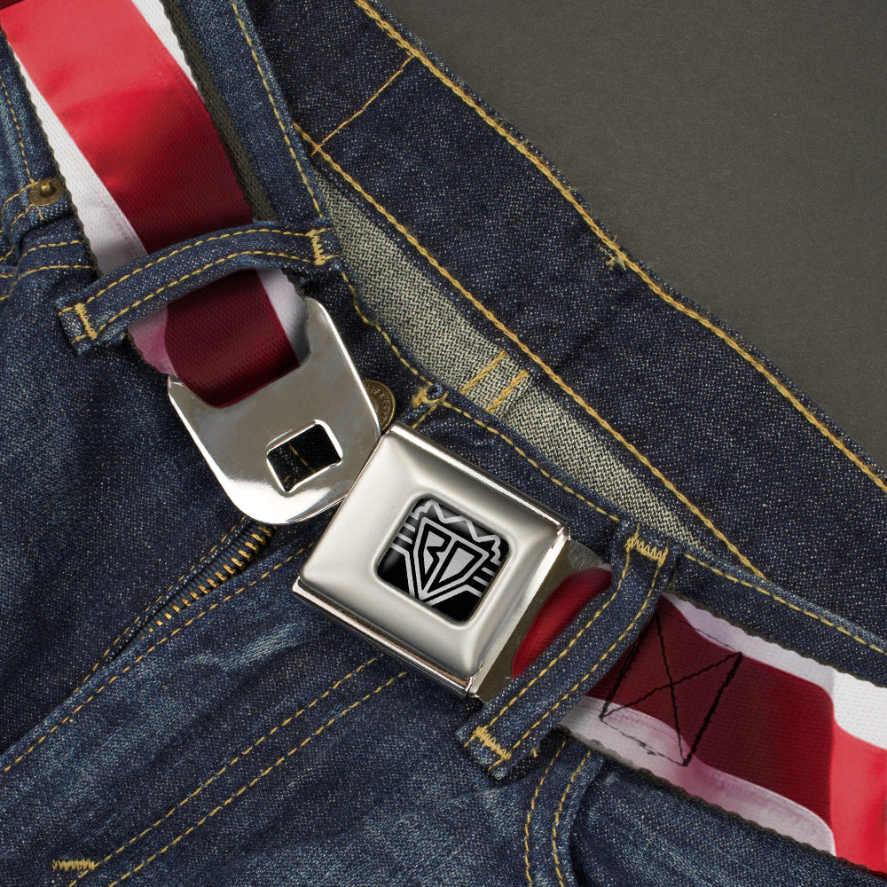 BD Wings Logo CLOSE-UP Full Color Black Silver Seatbelt Belt - American Flag Vivid Stripes CLOSE-UP Red/White Webbing Seatbelt Belts Buckle-Down