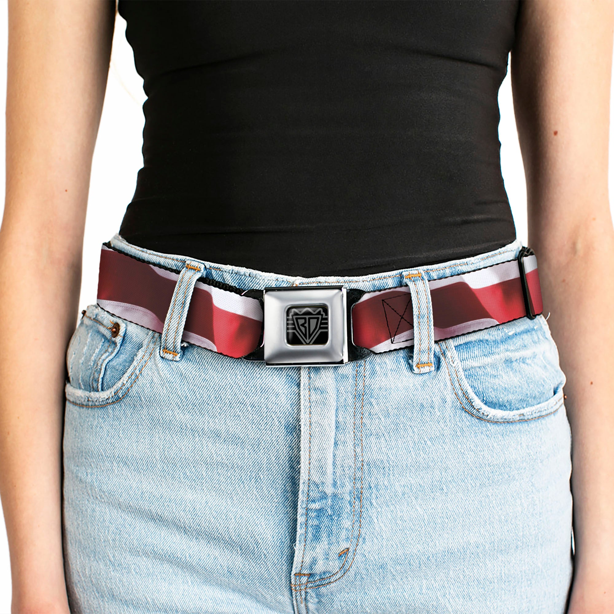 BD Wings Logo CLOSE-UP Full Color Black Silver Seatbelt Belt - American Flag Vivid Stripes CLOSE-UP Red/White Webbing Seatbelt Belts Buckle-Down