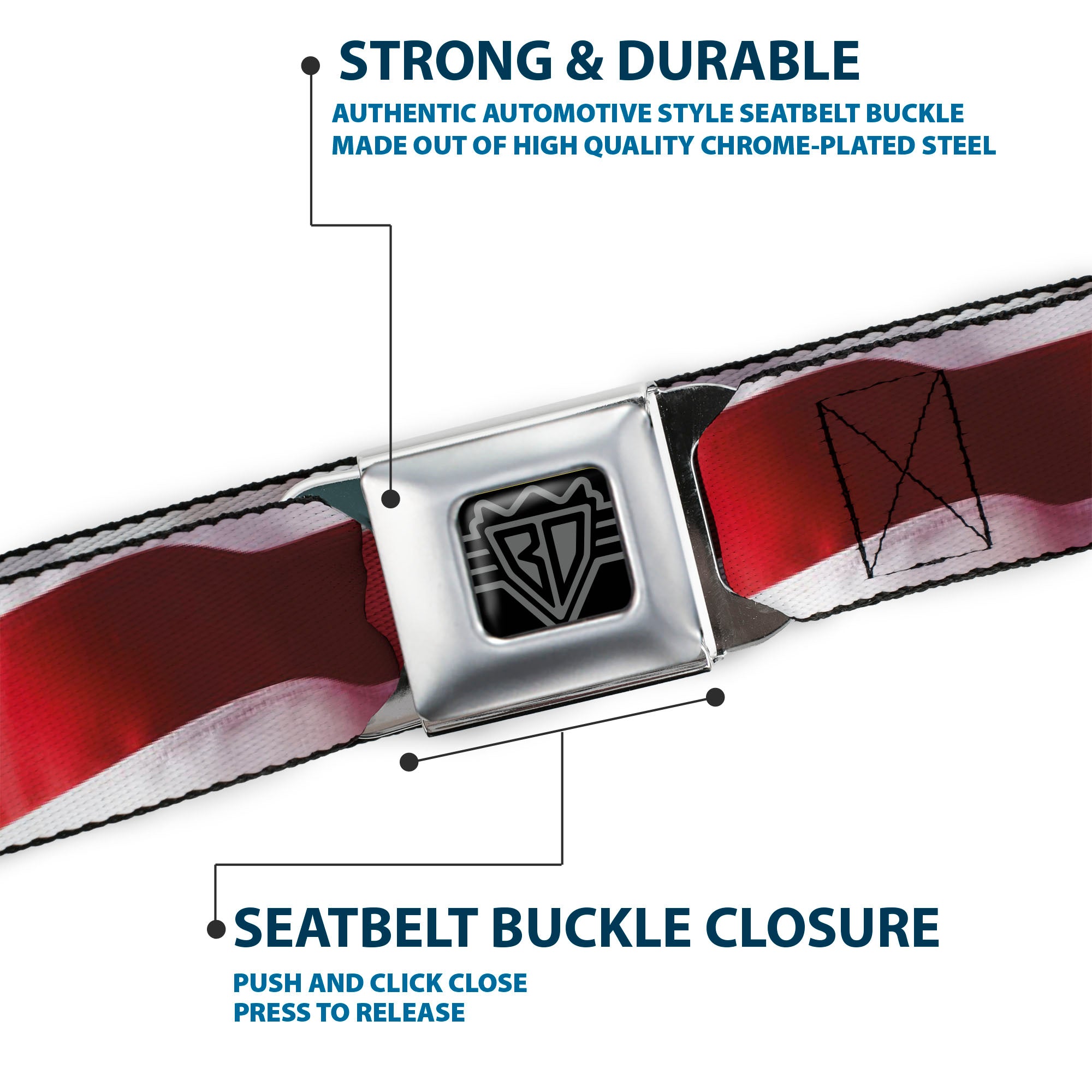 BD Wings Logo CLOSE-UP Full Color Black Silver Seatbelt Belt - American Flag Vivid Stripes CLOSE-UP Red/White Webbing Seatbelt Belts Buckle-Down