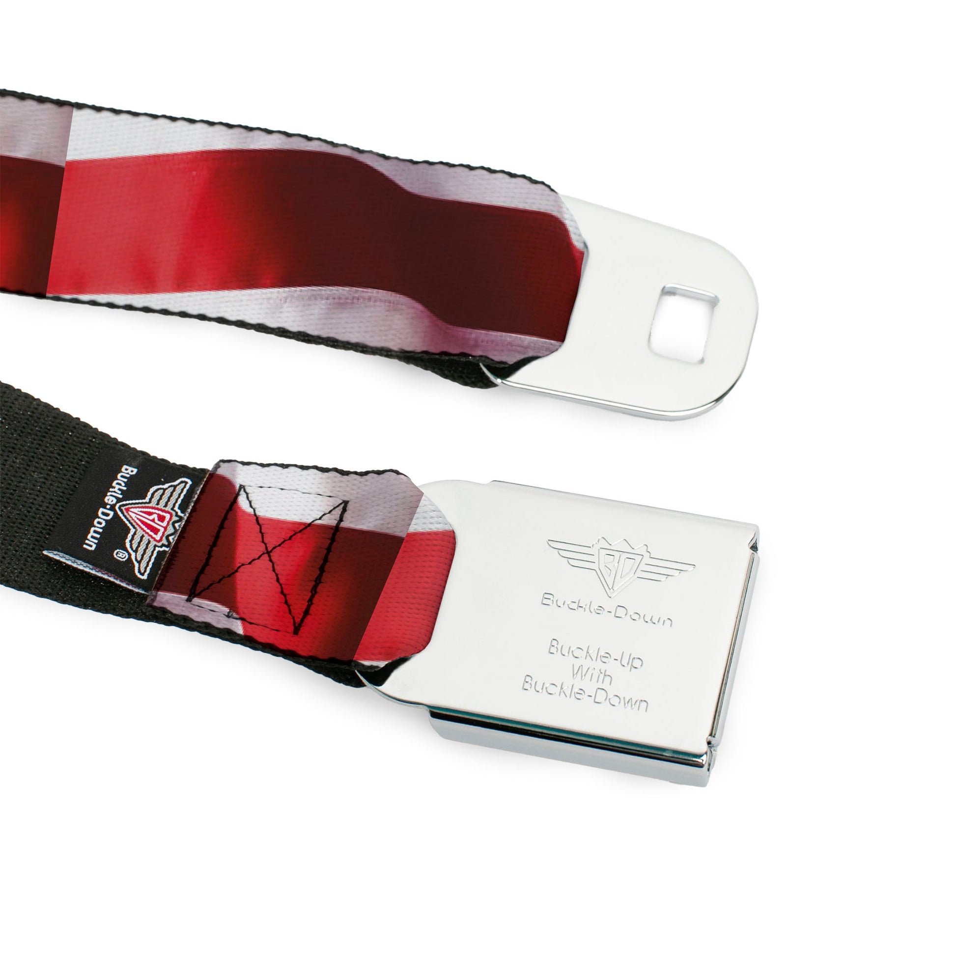 BD Wings Logo CLOSE-UP Full Color Black Silver Seatbelt Belt - American Flag Vivid Stripes CLOSE-UP Red/White Webbing Seatbelt Belts Buckle-Down