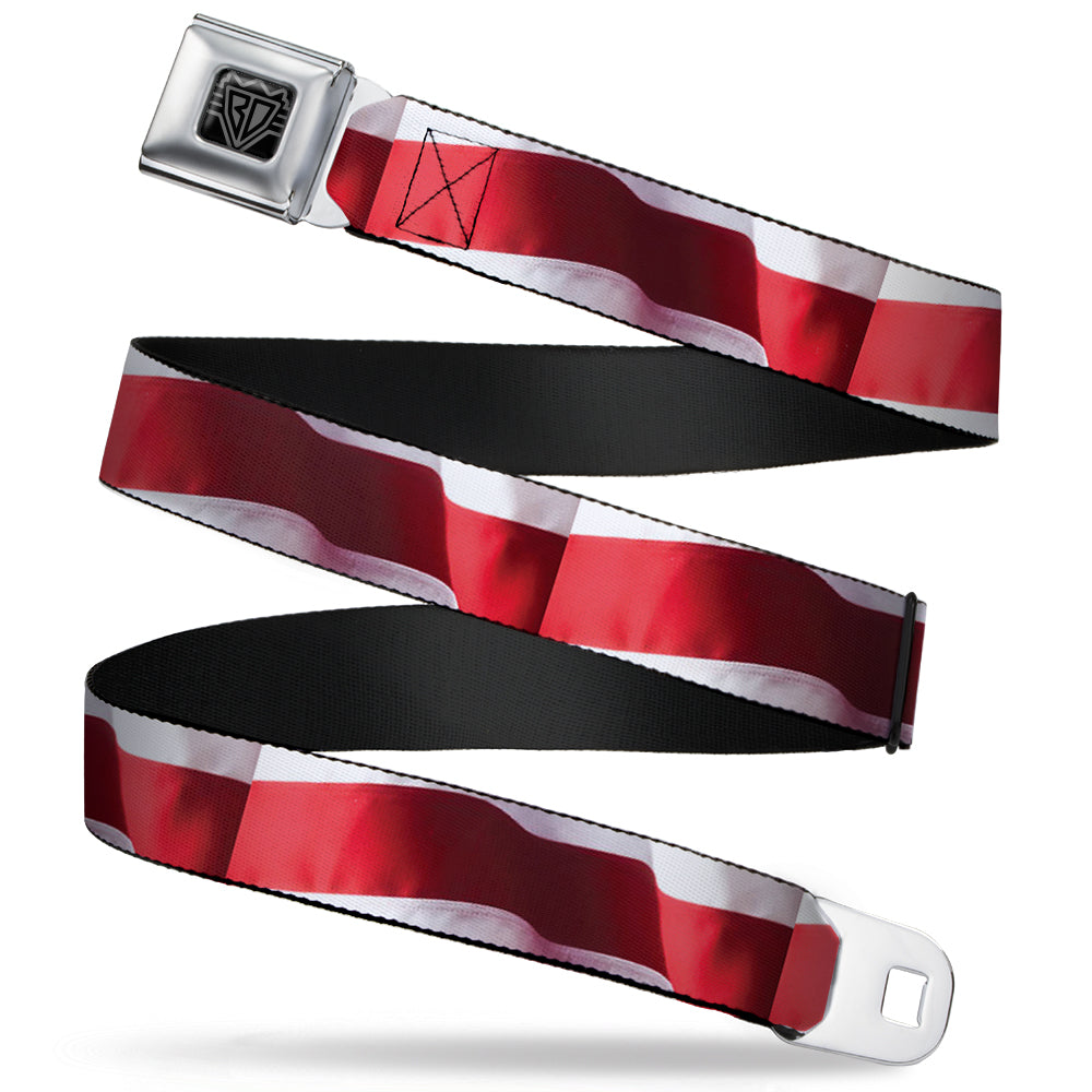 BD Wings Logo CLOSE-UP Full Color Black Silver Seatbelt Belt - American Flag Vivid Stripes CLOSE-UP Red/White Webbing Seatbelt Belts Buckle-Down