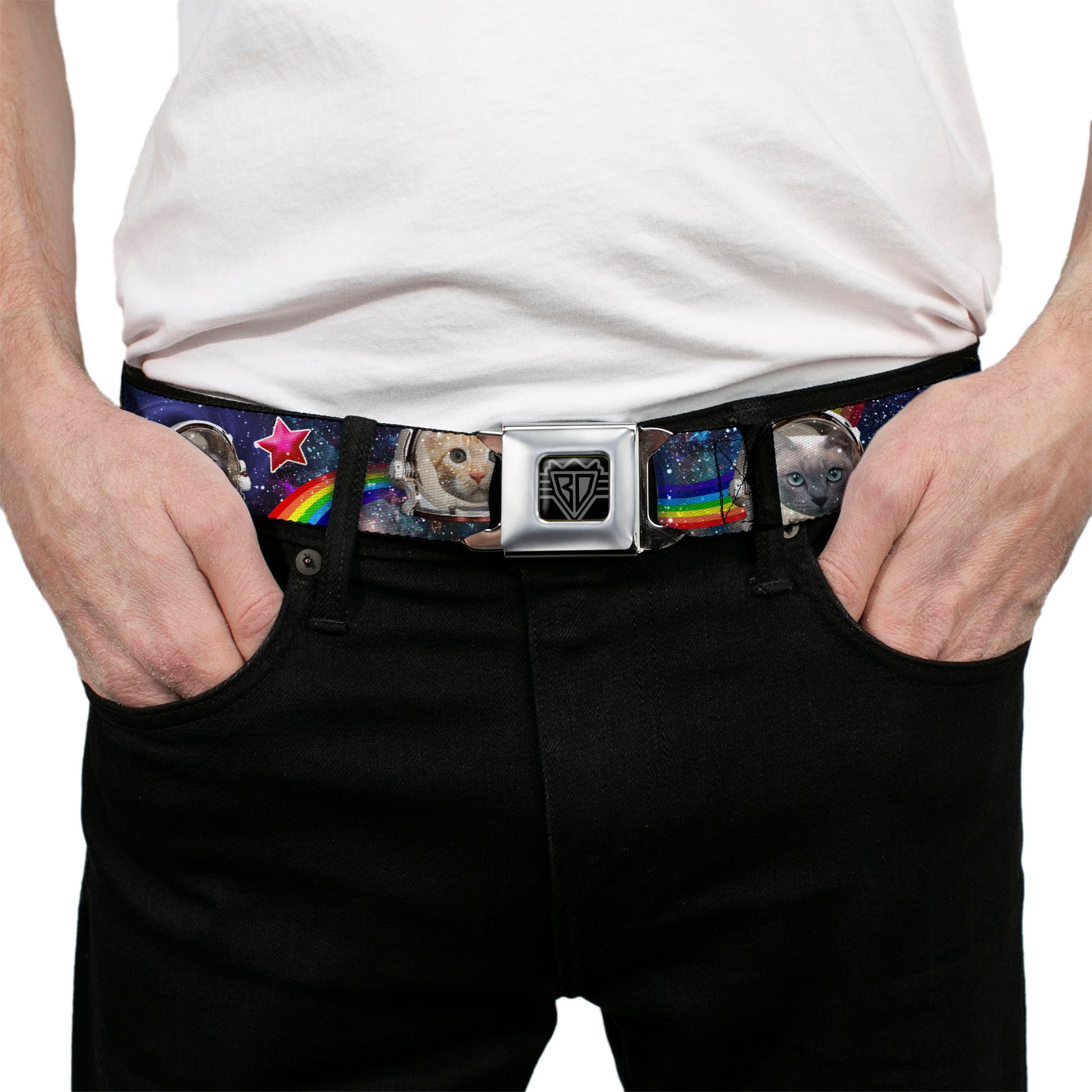 BD Wings Logo CLOSE-UP Full Color Black Silver Seatbelt Belt - Astronaut Cats in Space/Rainbows/Stars Webbing Seatbelt Belts Buckle-Down